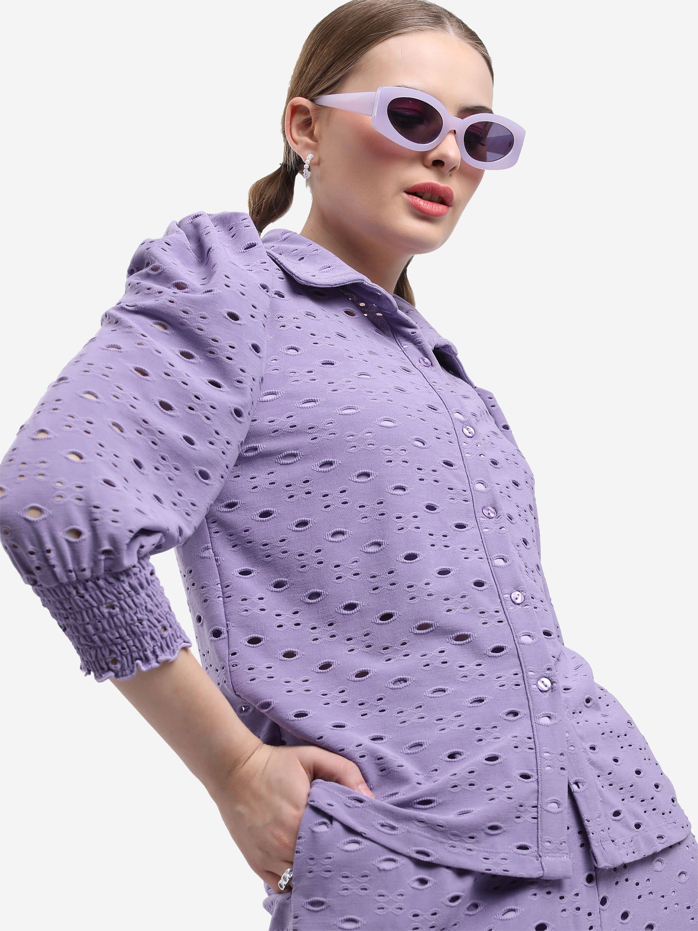 Ketch Women Solid Cotton Blend Shirt ( Purple )