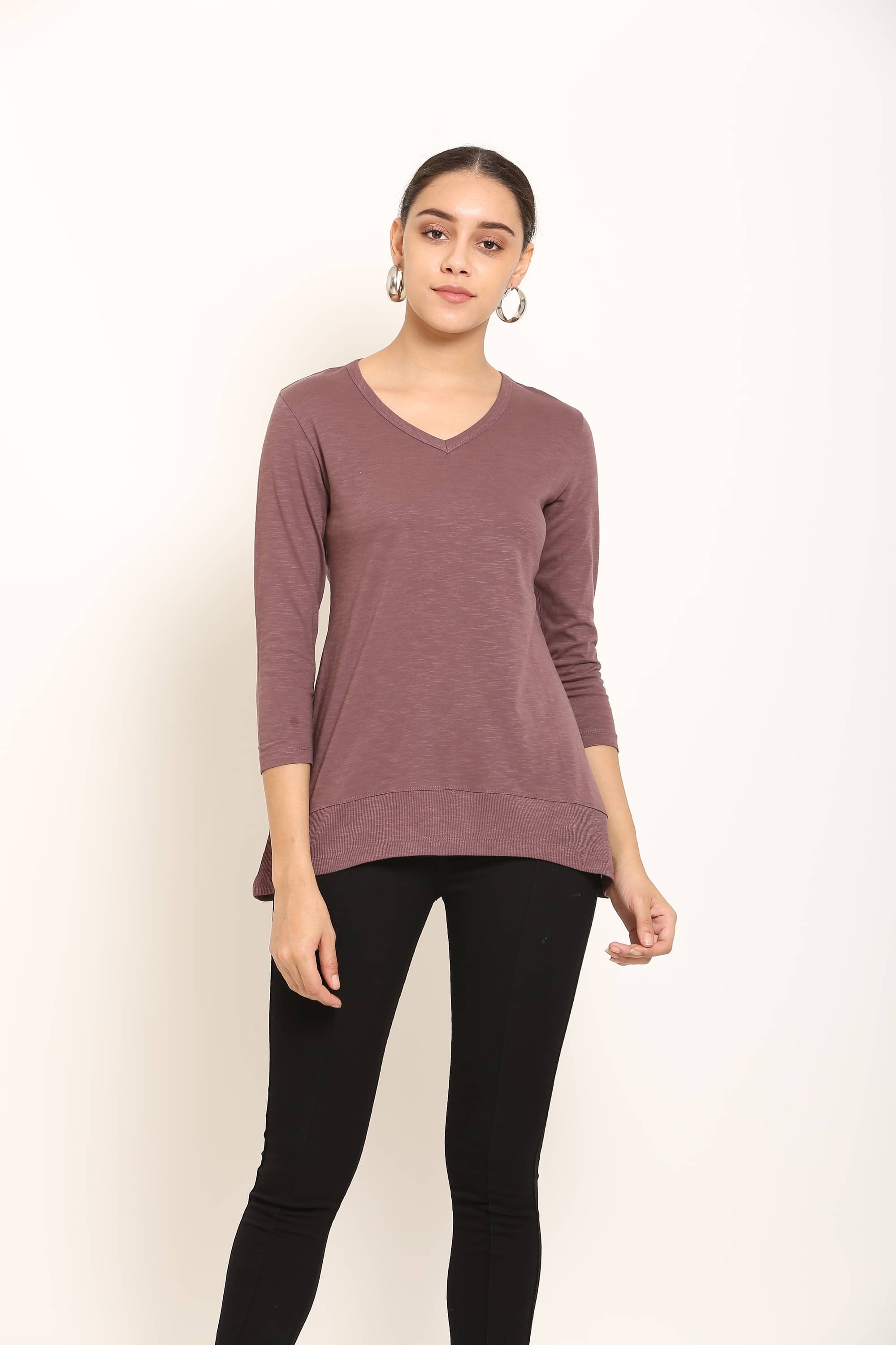 Mishey Women Cotton Solid Regular Fit V-Neck T-Shirt ( Brown )     			Mishey Women Cotton Solid Regular Fit V-Neck T-Shirt ( Brown )