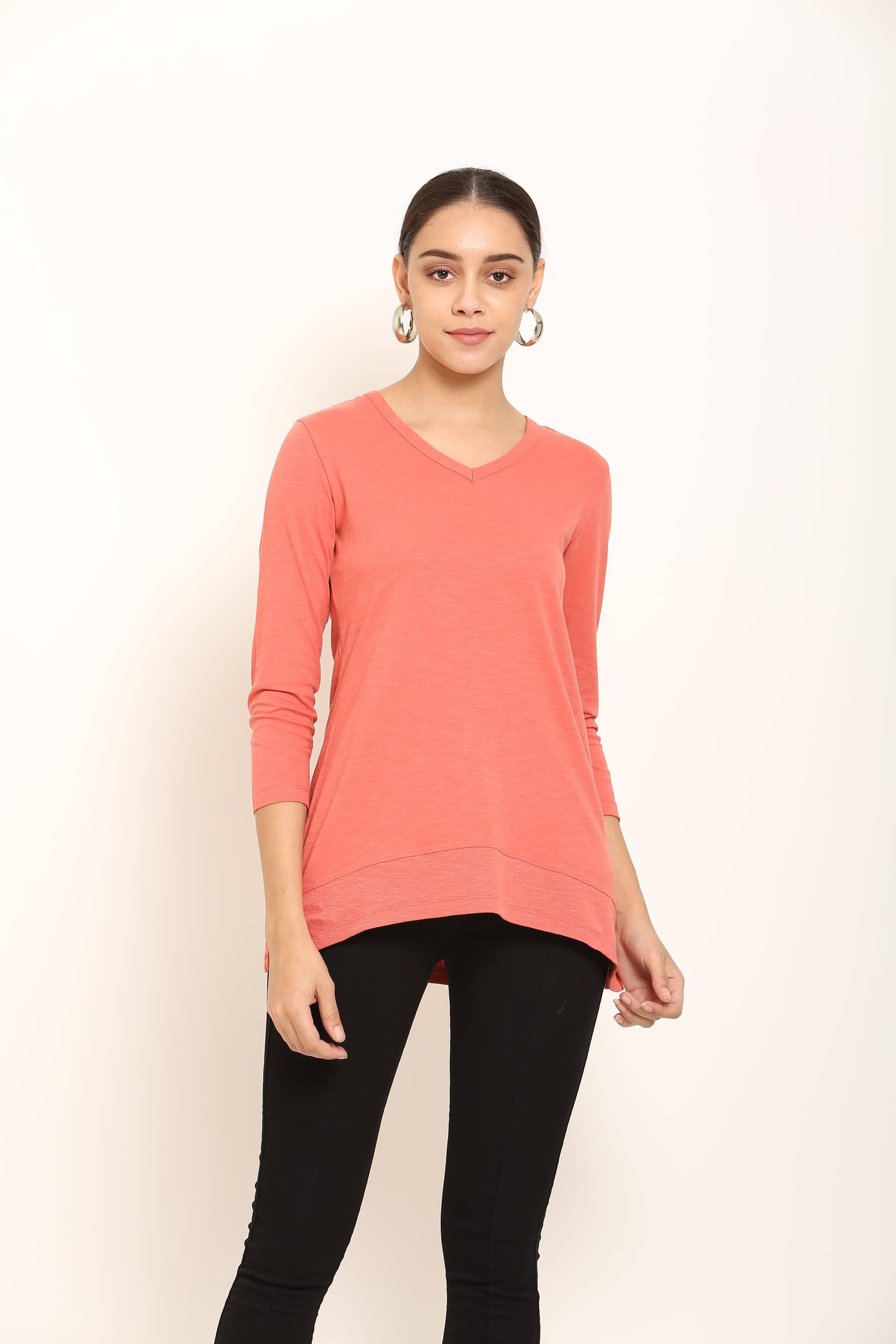     			Mishey Women Cotton Solid Regular Fit V-Neck T-Shirt ( Orange )