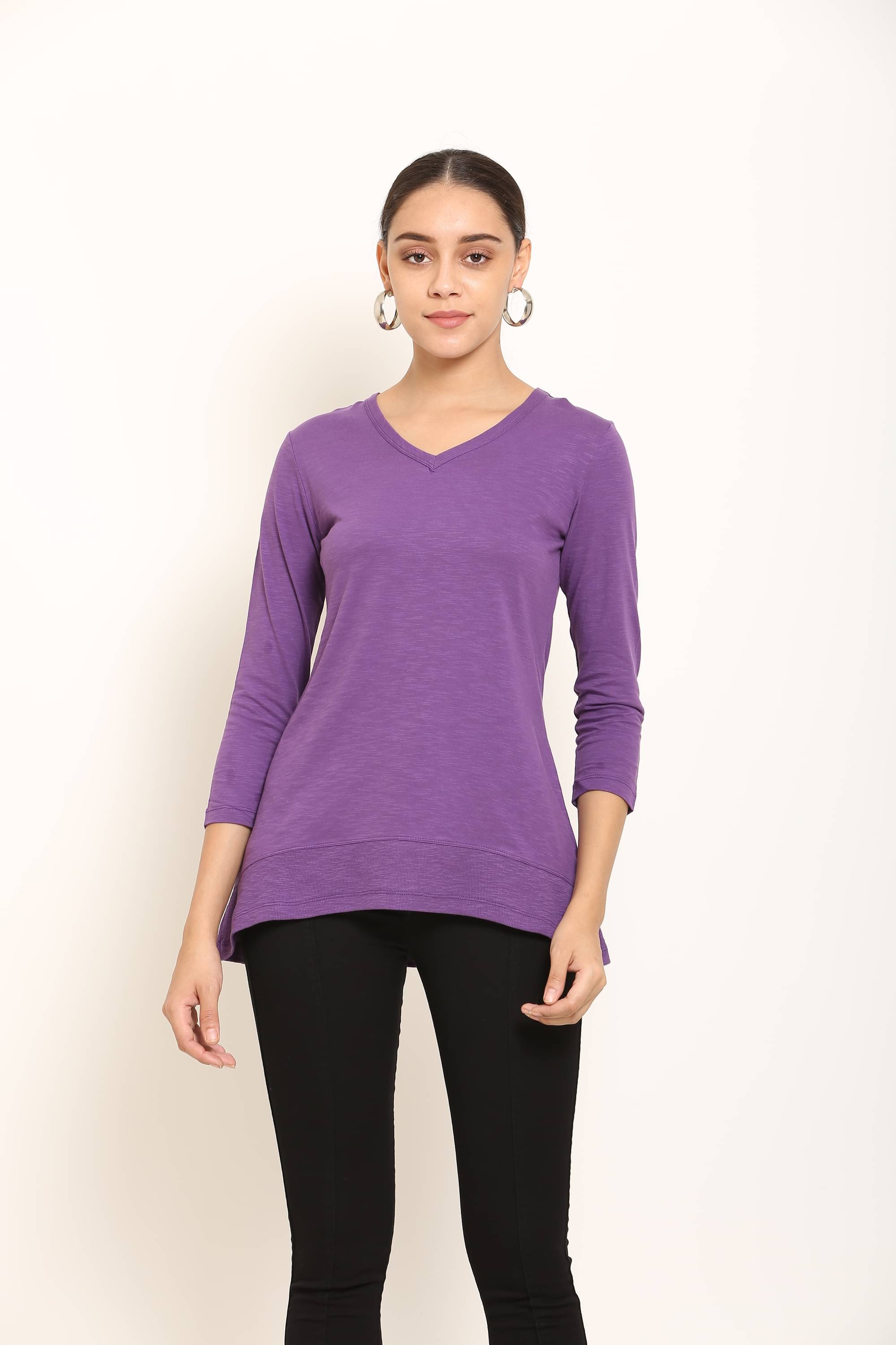 Mishey Women Cotton Solid Regular Fit V-Neck T-Shirt ( Purple ) Mishey Women Cotton Solid Regular Fit V-Neck T-Shirt ( Purple )