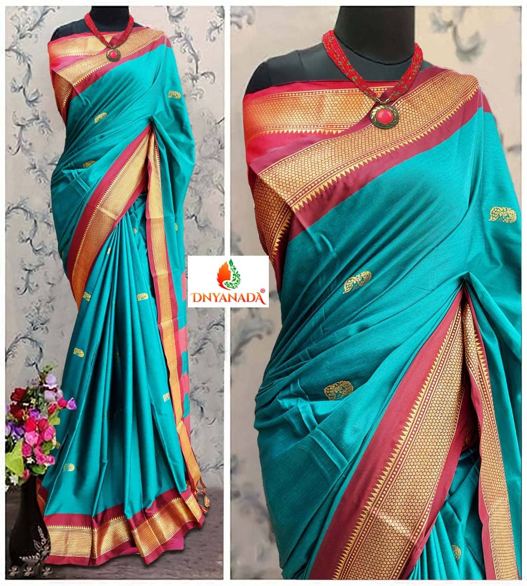 Mysstre Cotton Silk Woven Saree With Unstitched Blouse Piece ( Turquoise ) - Sarees | Buy online on ZillyBuy