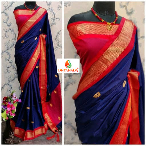 Mysstre Cotton Silk Woven Saree With Unstitched Blouse Piece ( Navy Blue ) - Sarees | Buy online on ZillyBuy