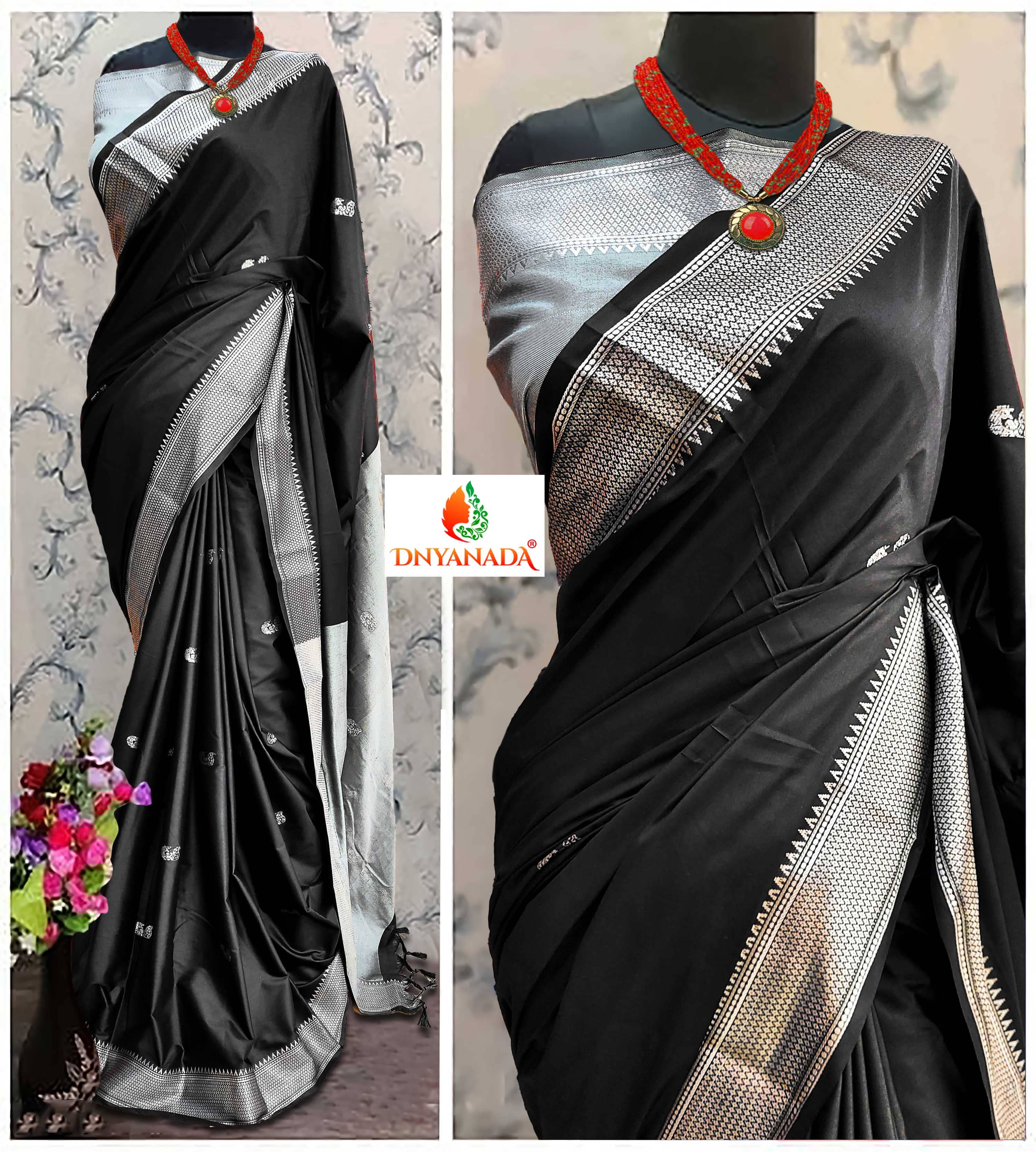 Mysstre Cotton Silk Woven Saree With Unstitched Blouse Piece ( Black ) - Sarees | Buy online on ZillyBuy