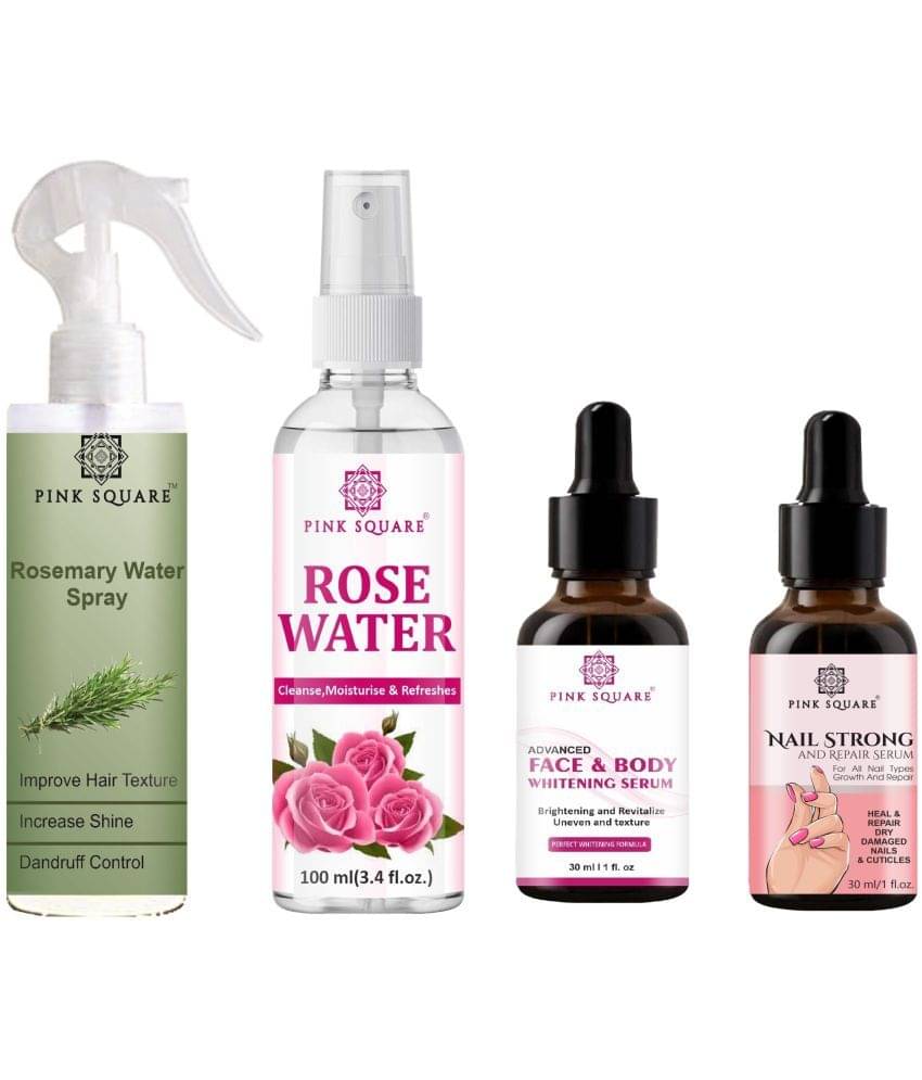 Rosemary Water Hair Spray 100ml, Rose water for Cleansing 100ml, Face-Body Serum 30ml & Nail Strong Serum 30ml Combo 4     			Rosemary Water Hair Spray 100ml, Rose water for Cleansing 100ml, Face-Body Serum 30ml & Nail Strong Serum 30ml Combo 4