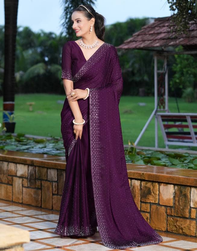 Shivadit ethnic Georgette Embroidered Saree With Unstitched Blouse Piece ( Purple ) - Sarees | Buy online on ZillyBuy
