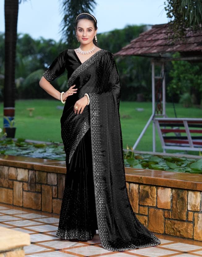 Shivadit ethnic Georgette Self Design Saree With Unstitched Blouse Piece ( Black ) - Sarees | Buy online on ZillyBuy