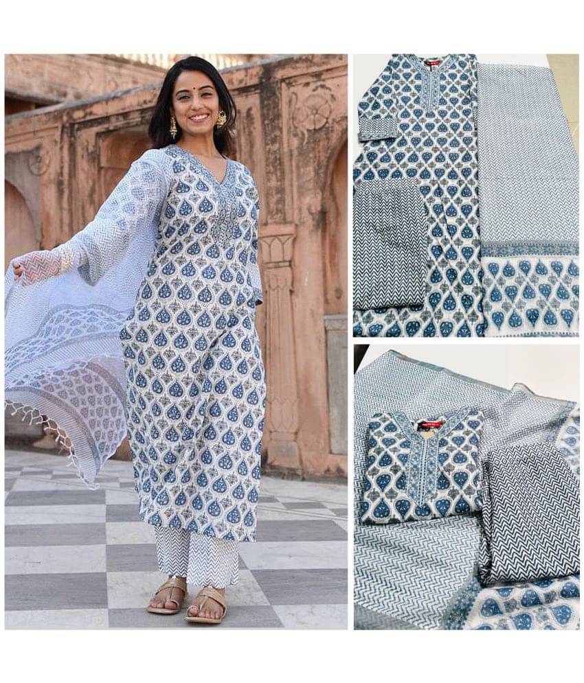     			THE FAB FACTORY Cotton Blend Printed Kurti With Pants Women's Stitched Salwar Suit - White ( Pack of 1 )