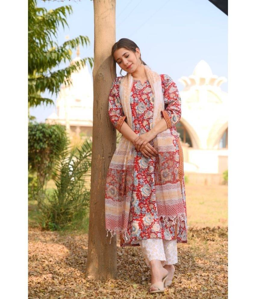     			THE FAB FACTORY Cotton Blend Printed Kurti With Pants Women's Stitched Salwar Suit - Maroon ( Pack of 1 )