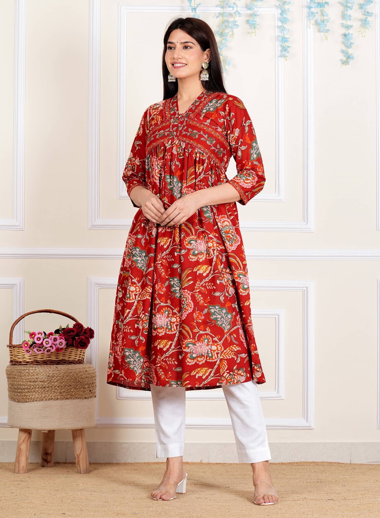 Vbuyz Cotton Printed Flared Women's Kurti - Red ( Pack of 1 ) - Kurtis, Tunics | Buy online on ZillyBuy