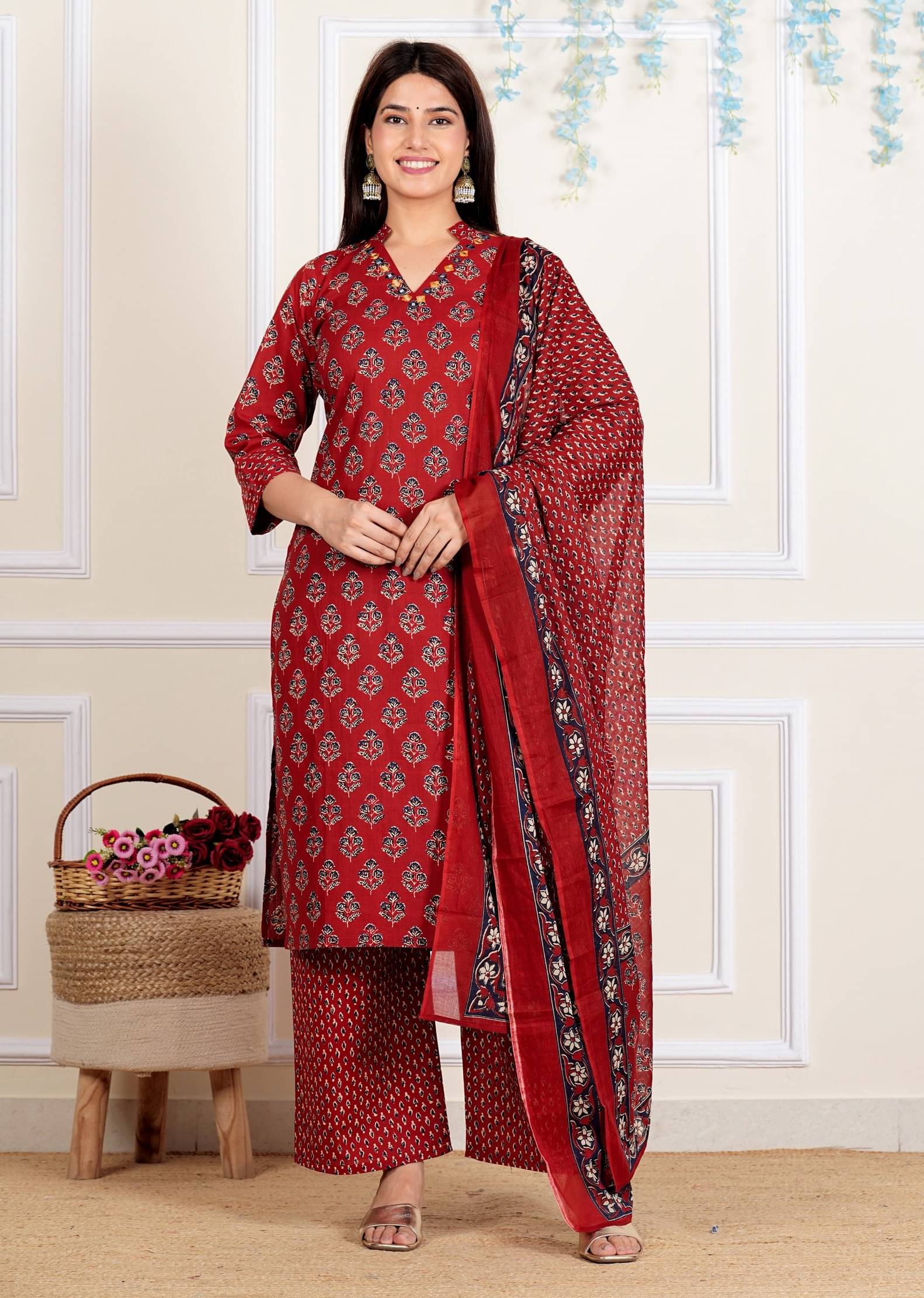     			Vbuyz Cotton Printed Kurti With Palazzo Women's Stitched Salwar Suit - Maroon ( Pack of 1 )