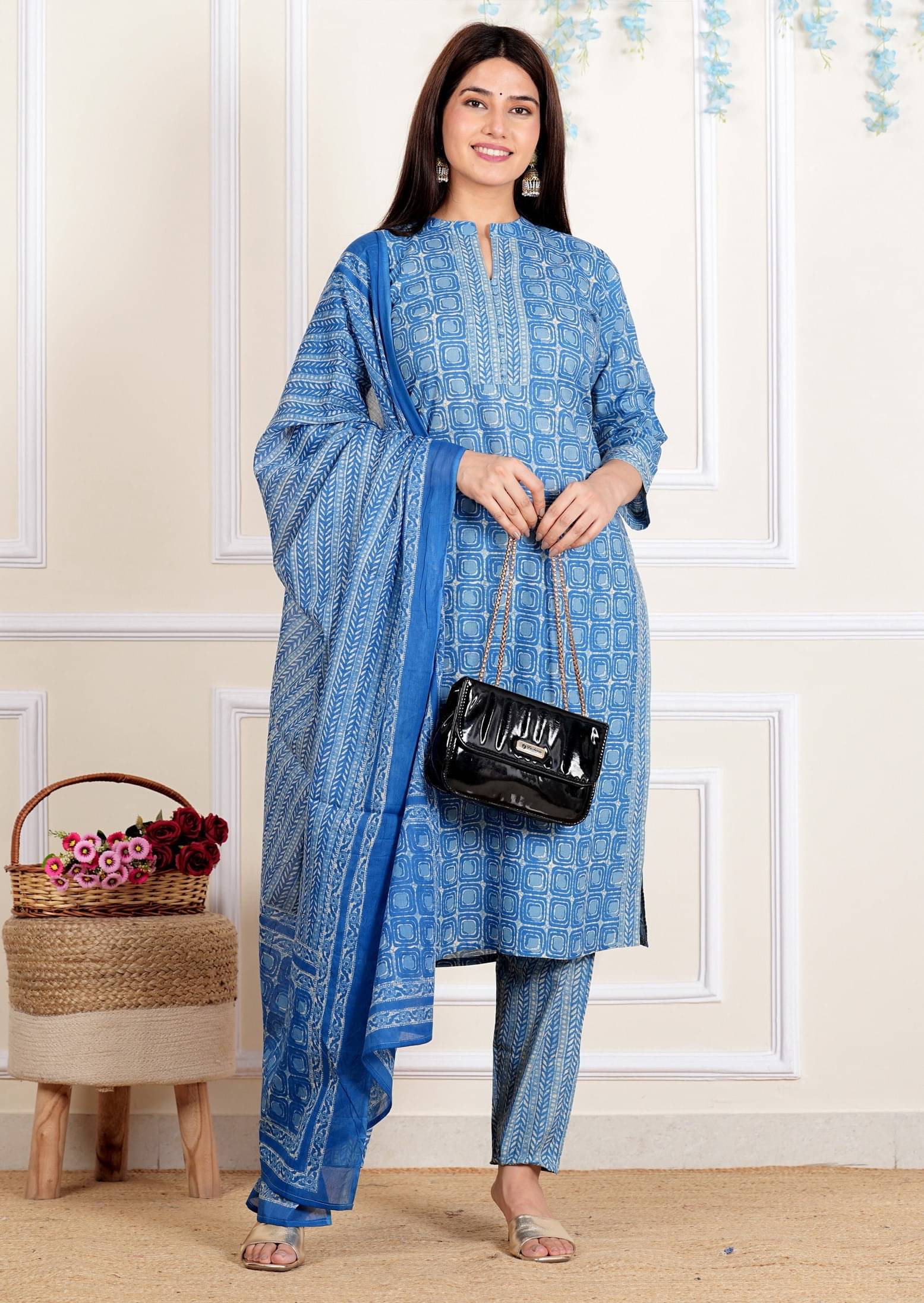 Vbuyz Cotton Printed Kurti With Pants Women's Stitched Salwar Suit - Blue ( Pack of 1 )     			Vbuyz Cotton Printed Kurti With Pants Women's Stitched Salwar Suit - Blue ( Pack of 1 )