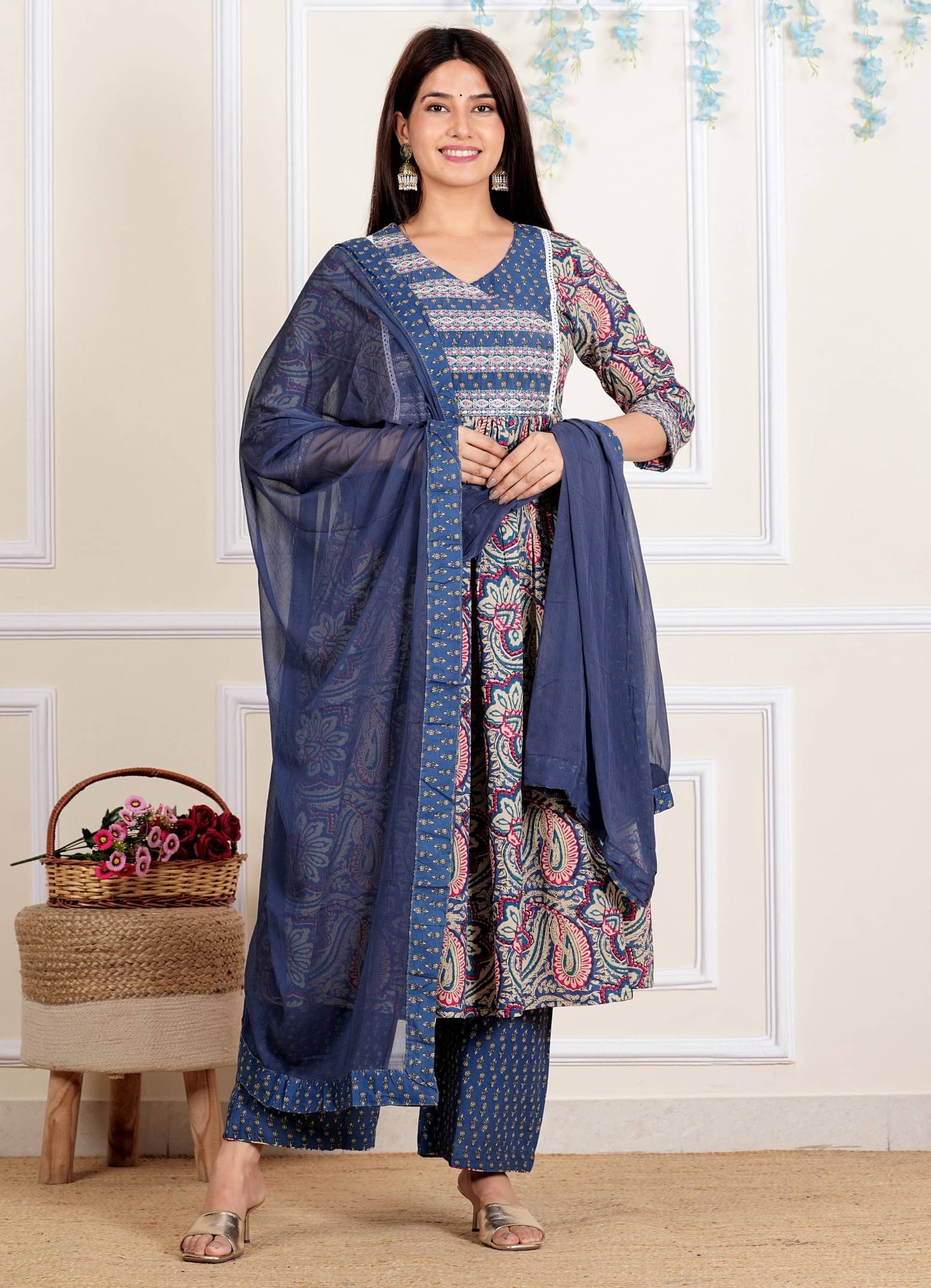     			Vbuyz Cotton Printed Kurti With Palazzo Women's Stitched Salwar Suit - Blue ( Pack of 1 )