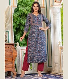 Vbuyz Cotton Printed Straight Women's Kurti - Blue ( Pack of 1 )