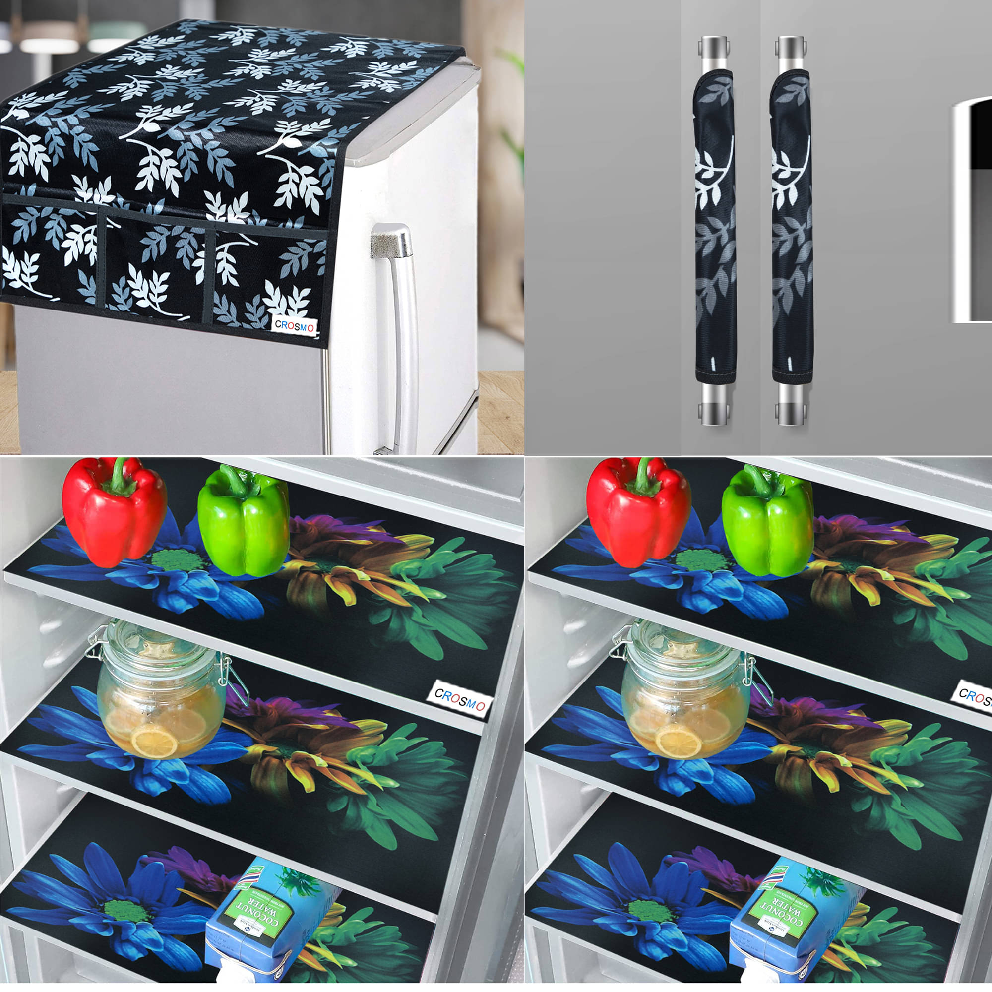     			Crosmo Polyester Abstract Printed Fridge Mat & Cover ( 99 53 ) Pack of 9 - Black