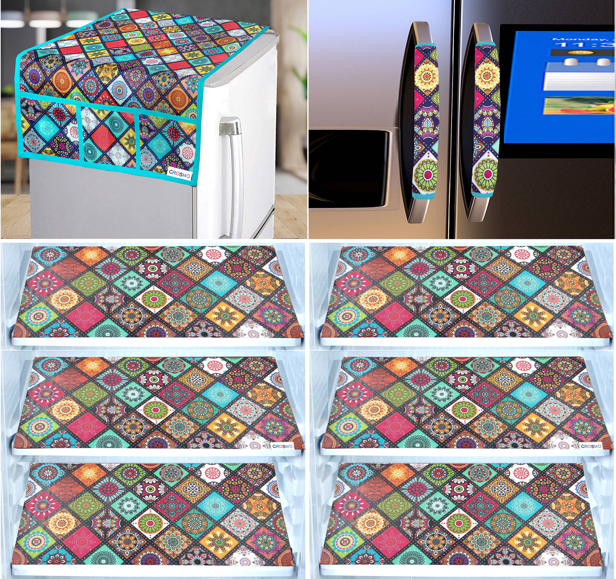     			Crosmo Polyester Abstract Printed Fridge Mat & Cover ( 99 53 ) Pack of 9 - Multicolor