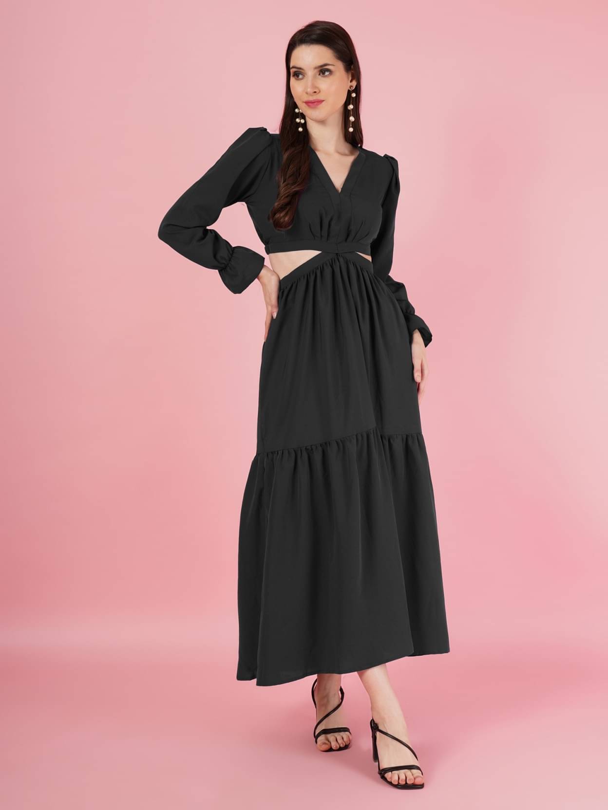 JASH CREATION Polyester Solid Ankle Length Women's Fit & Flare Dress - Black ( Pack of 1 ) JASH CREATION Polyester Solid Ankle Length Women's Fit & Flare Dress - Black ( Pack of 1 )