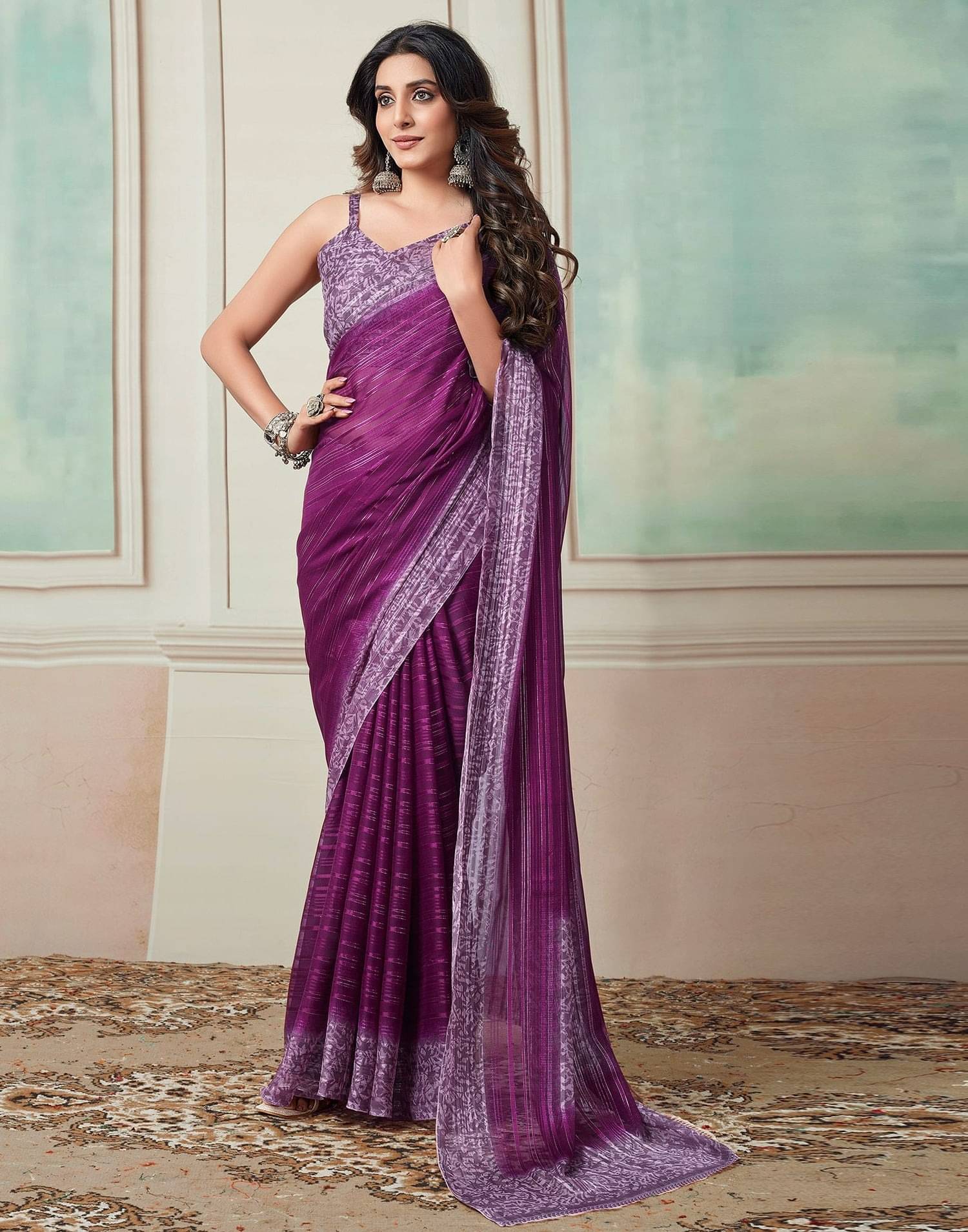 Nandini Creation Georgette Solid Saree With Unstitched Blouse Piece ( Purple ) Nandini Creation Georgette Solid Saree With Unstitched Blouse Piece ( Purple )