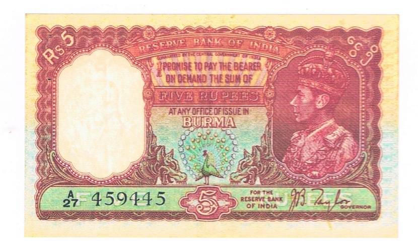 Rare British India King George VI BURMA 5 Rupees JB Taylor Fancy Note only for collection & School Exhibition Rare British India King George VI BURMA 5 Rupees JB Taylor Fancy Note only for collection & School Exhibition