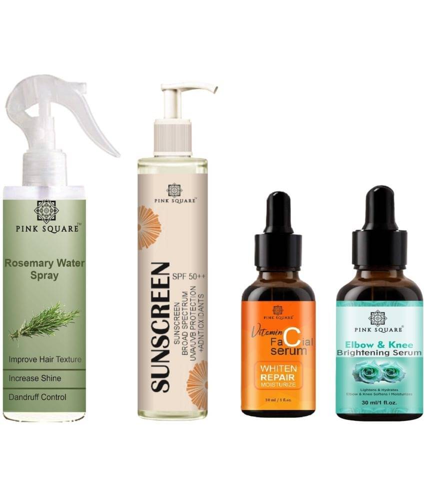 Rosemary Water Hair Spray 100ml, Sunscreen with SPF 50++ 100ml, Vitamin-C Face Serum 30ml & Elbow and Knee Whitening Serum 30ml Combo of 4 Rosemary Water Hair Spray 100ml, Sunscreen with SPF 50++ 100ml, Vitamin-C Face Serum 30ml & Elbow and Knee Whitening Serum 30ml Combo of 4