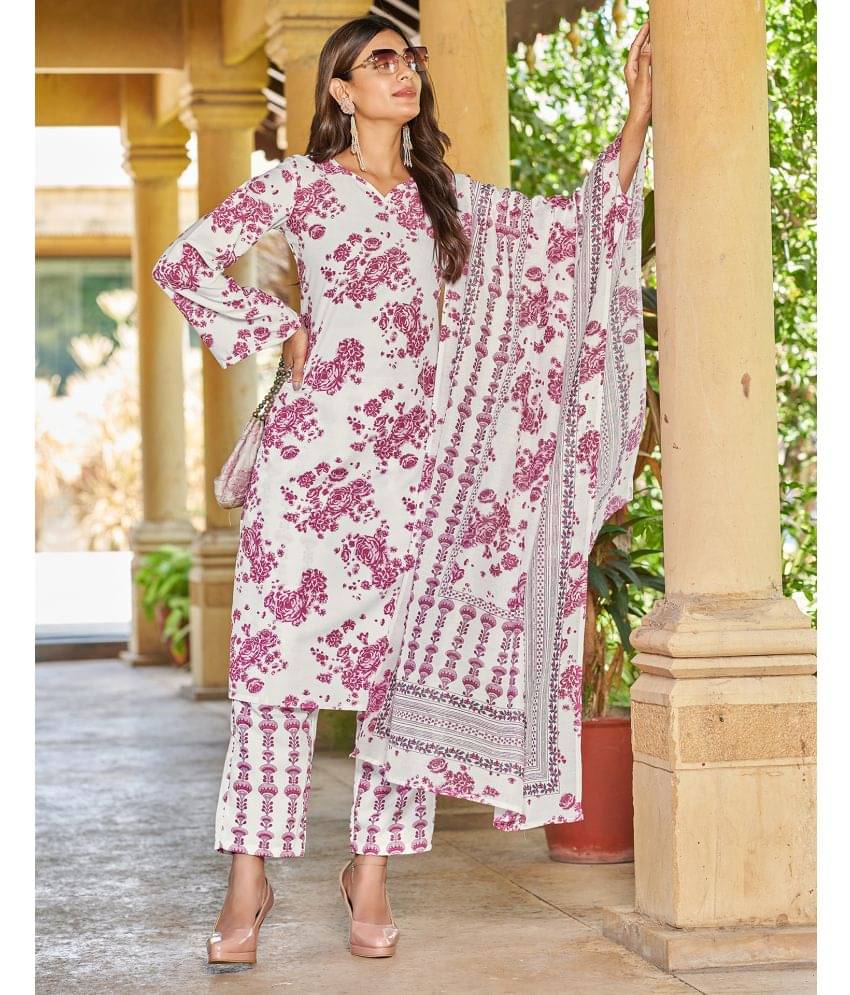 Skylee Rayon Printed Kurti With Pants Women's Stitched Salwar Suit - White ( Pack of 1 )     			Skylee Rayon Printed Kurti With Pants Women's Stitched Salwar Suit - White ( Pack of 1 )