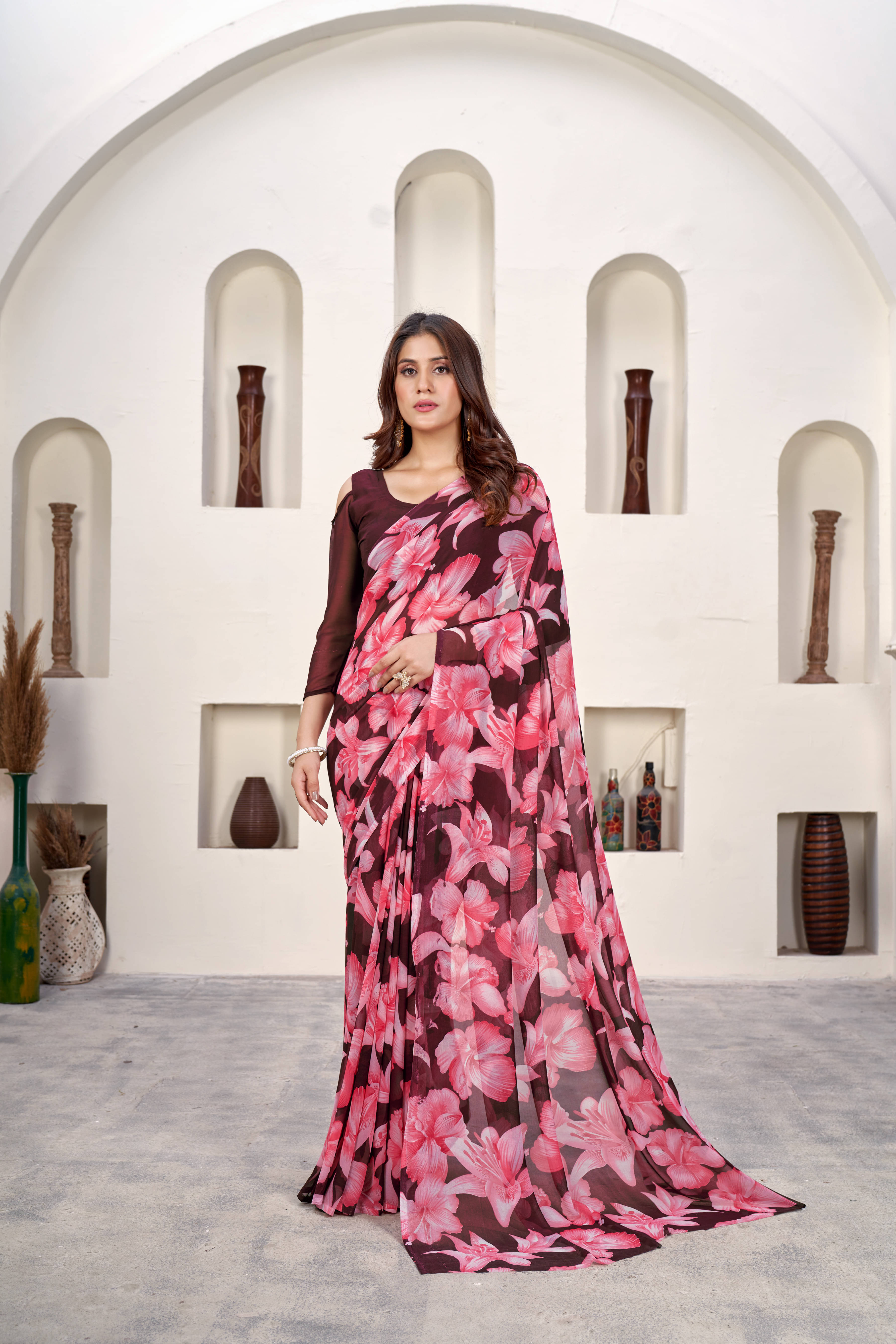     			Varni Fabrics Georgette Printed Saree With Unstitched Blouse Piece ( Rust )