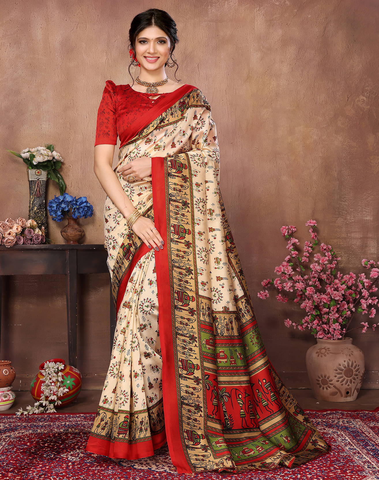     			Yashika Art Silk Printed Saree With Unstitched Blouse Piece ( Beige1 )