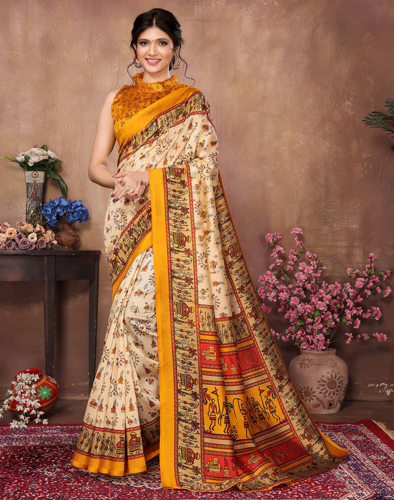 Yashika Art Silk Printed Saree With Unstitched Blouse Piece ( Beige1 ) - Sarees | Buy online on ZillyBuy