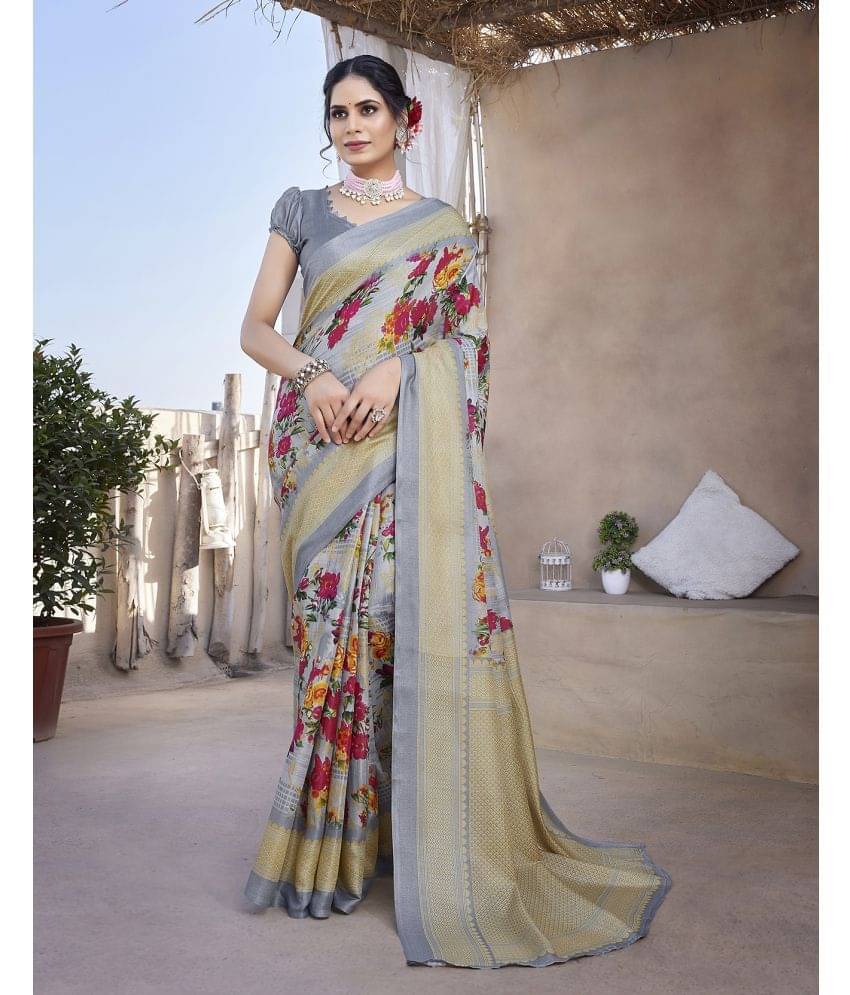 Yashika Art Silk Printed Saree With Unstitched Blouse Piece ( Grey ) Yashika Art Silk Printed Saree With Unstitched Blouse Piece ( Grey )