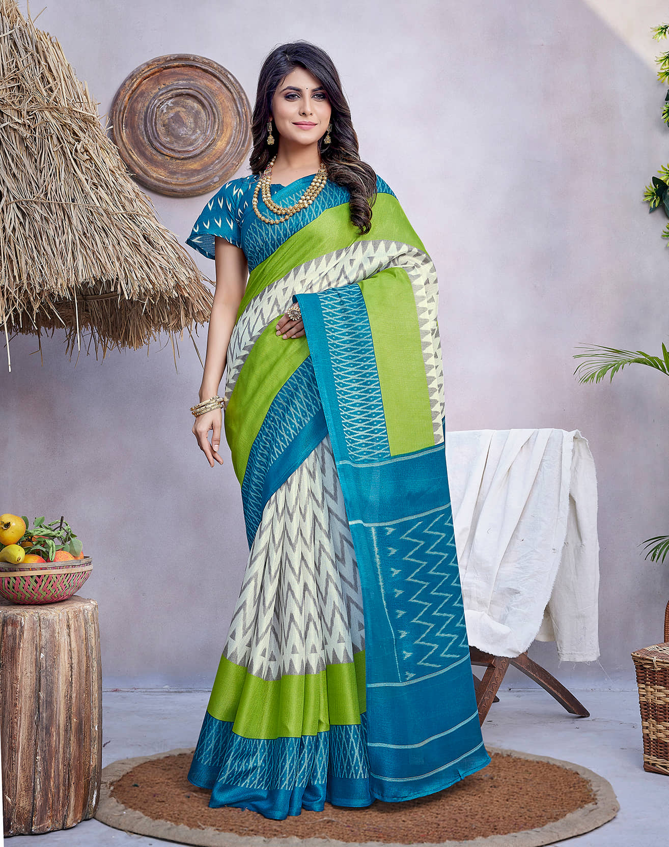 Yashika Art Silk Printed Saree With Unstitched Blouse Piece ( Rama ) - Sarees | Buy online on ZillyBuy