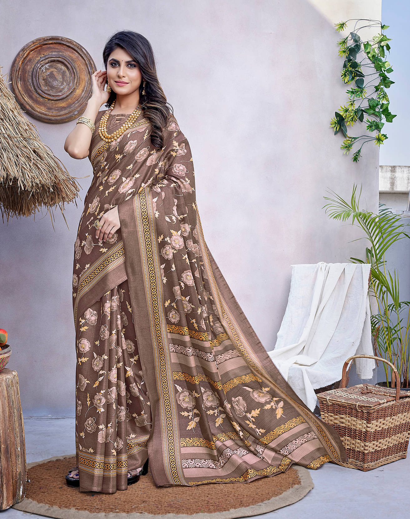 Yashika Art Silk Printed Saree With Unstitched Blouse Piece ( Brown ) Yashika Art Silk Printed Saree With Unstitched Blouse Piece ( Brown )
