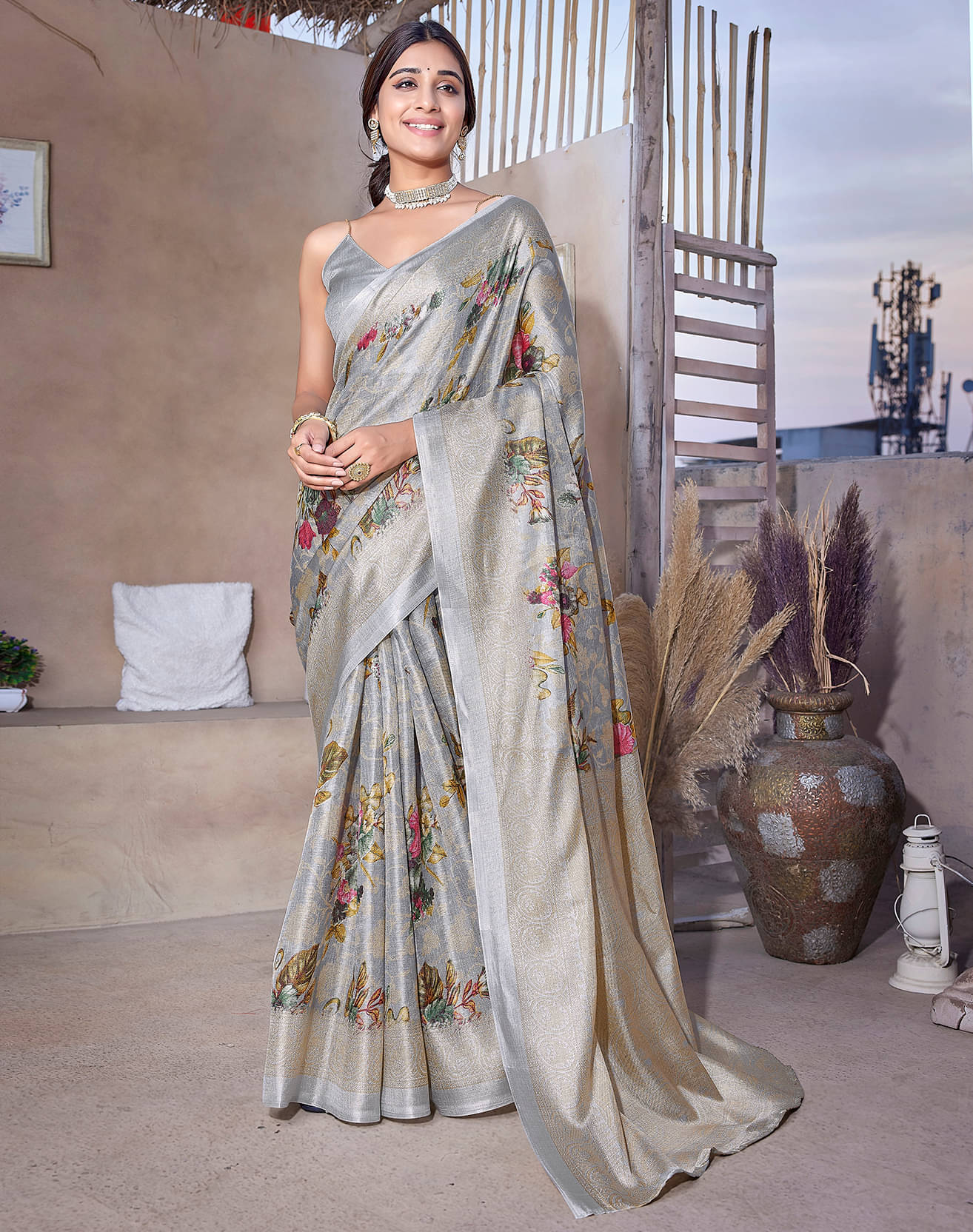 Yashika Art Silk Printed Saree With Unstitched Blouse Piece ( Grey ) Yashika Art Silk Printed Saree With Unstitched Blouse Piece ( Grey )