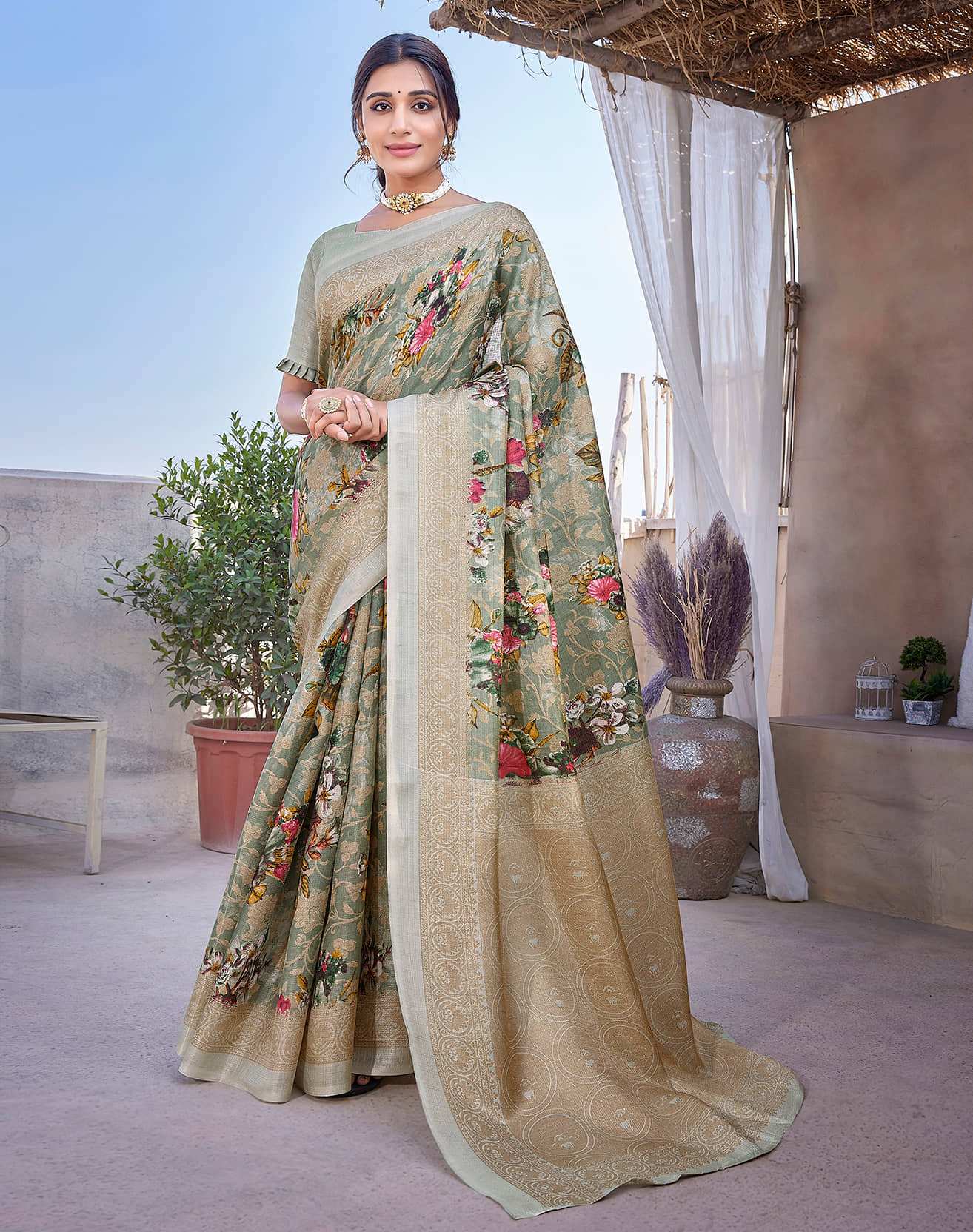 Yashika Art Silk Printed Saree With Unstitched Blouse Piece ( Grey ) - Sarees | Buy online on ZillyBuy
