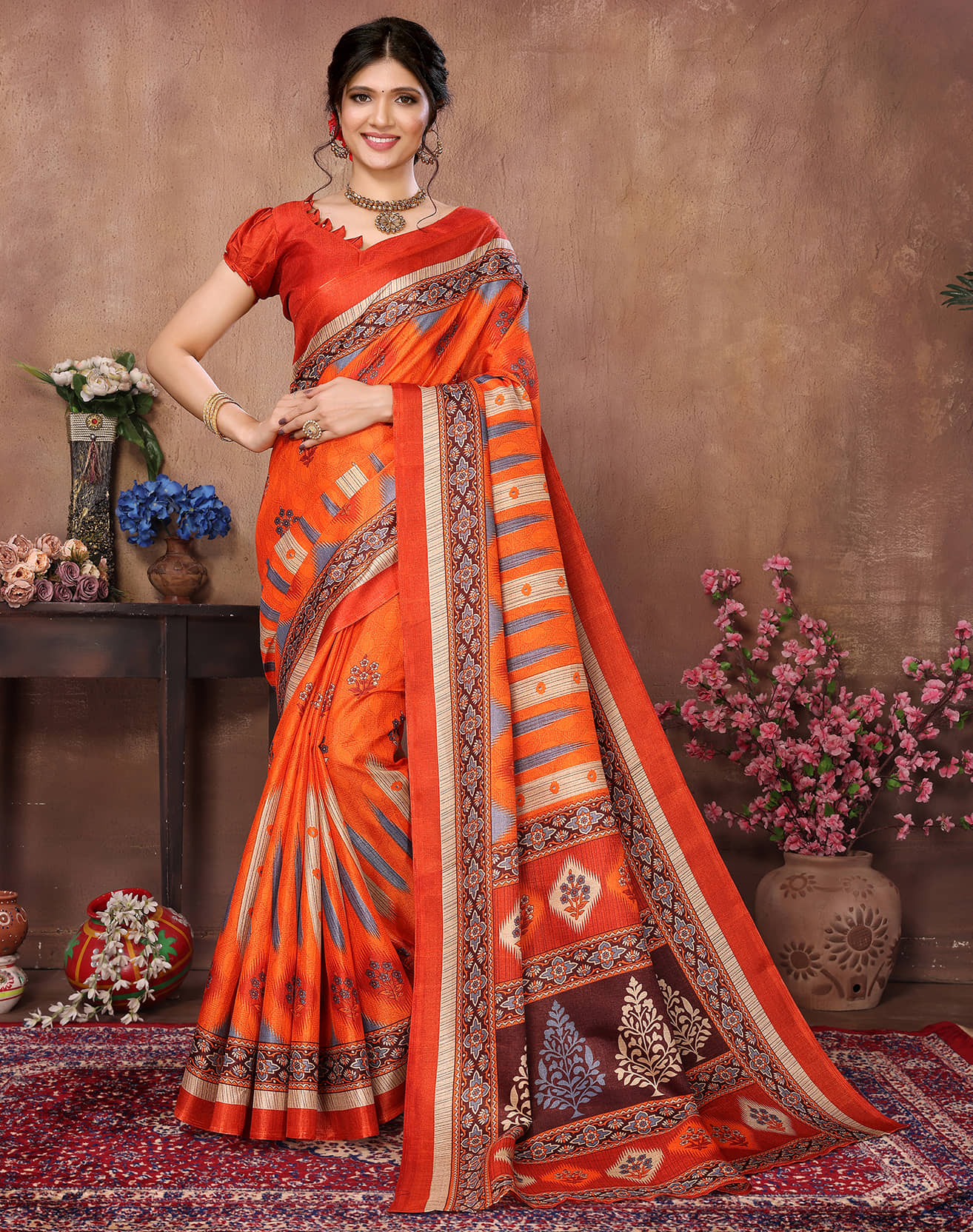 Yashika Art Silk Printed Saree With Unstitched Blouse Piece ( Orange ) - Sarees | Buy online on ZillyBuy