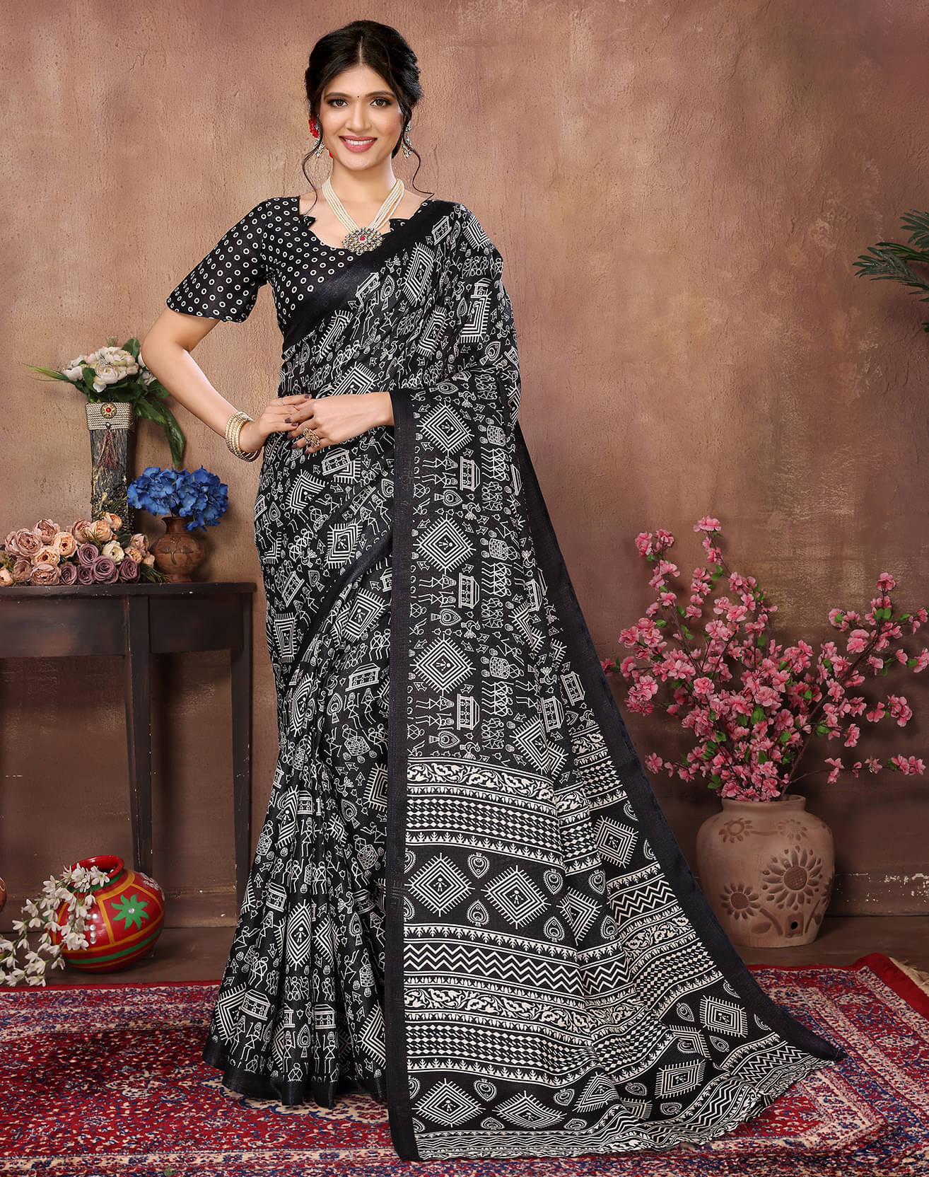     			Yashika Art Silk Printed Saree With Unstitched Blouse Piece ( Black )