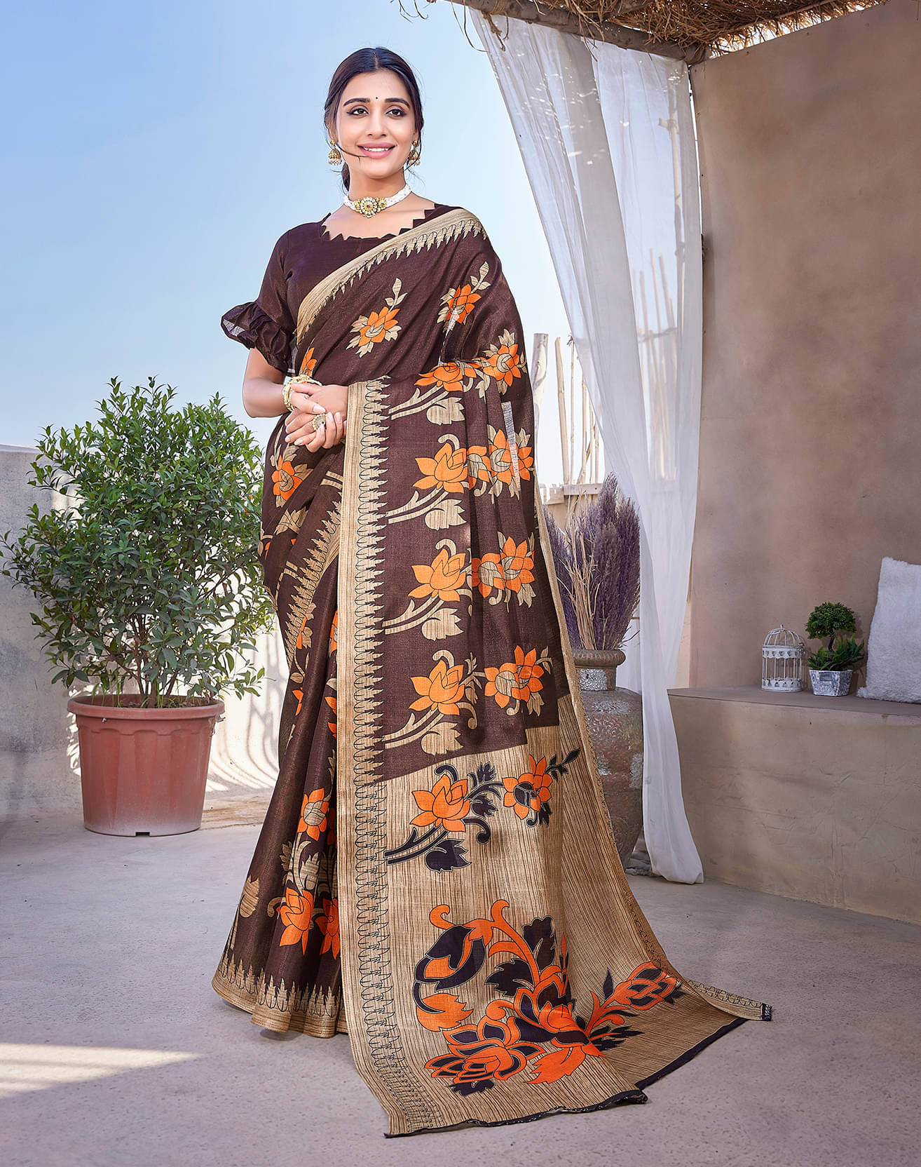 Yashika Art Silk Printed Saree With Unstitched Blouse Piece ( Brown ) Yashika Art Silk Printed Saree With Unstitched Blouse Piece ( Brown )