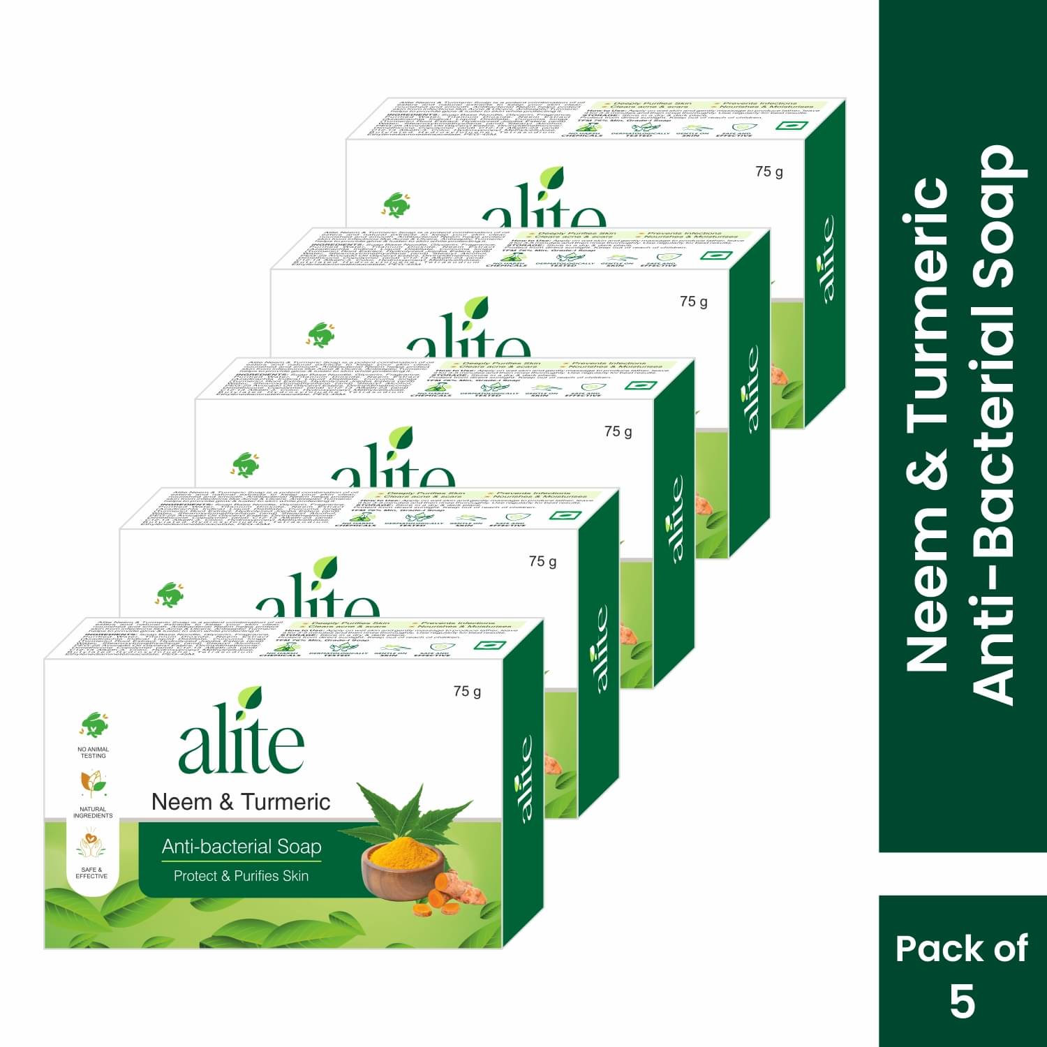 Alite Neem & Turmeric Anti-Bacterial Soap for Acne and Clear, Healthy Skin 75g ( Pack of 5 ) Alite Neem & Turmeric Anti-Bacterial Soap for Acne and Clear, Healthy Skin 75g ( Pack of 5 )