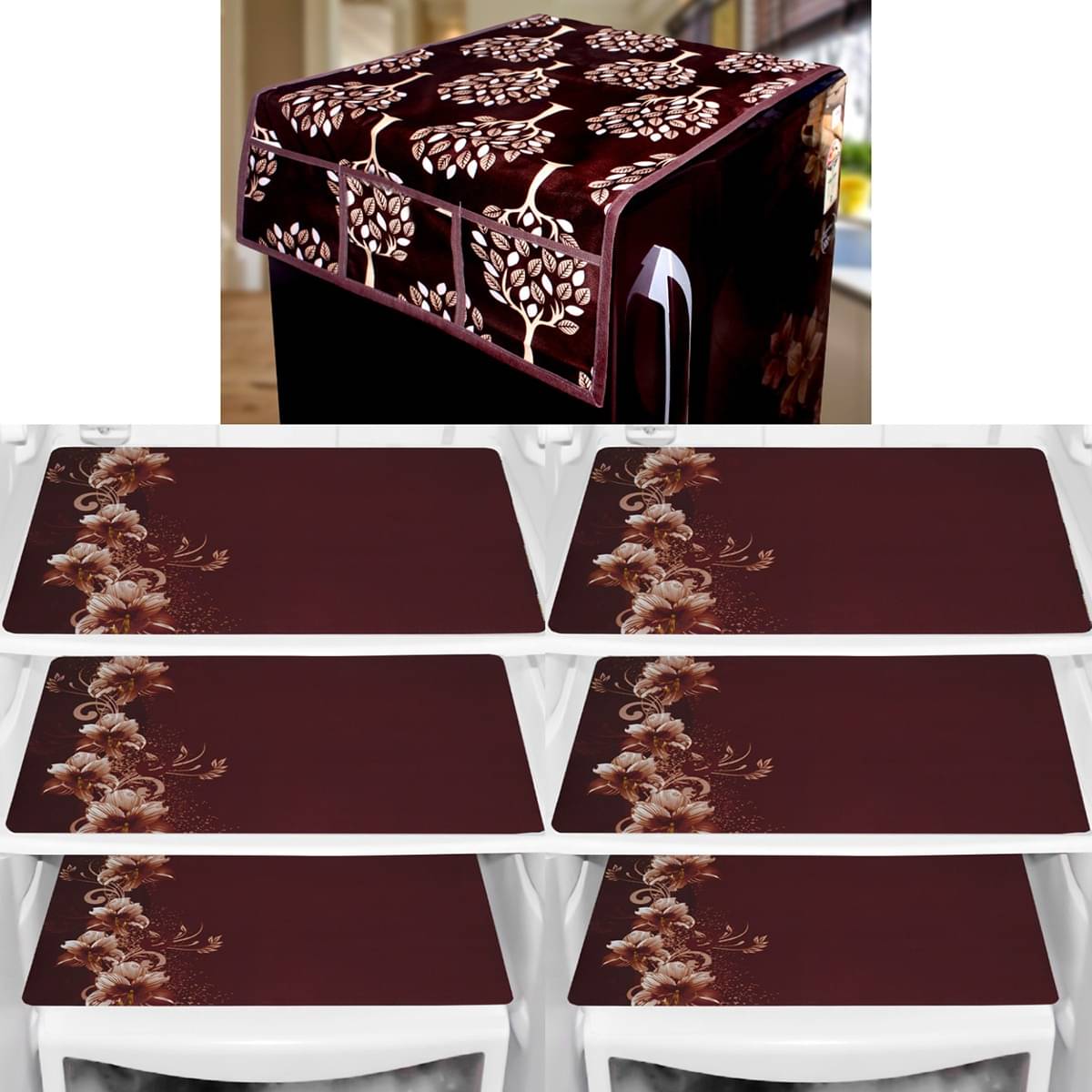     			Crosmo Polyester Abstract Printed Fridge Mat & Cover ( 99 53 ) Pack of 7 - Brown