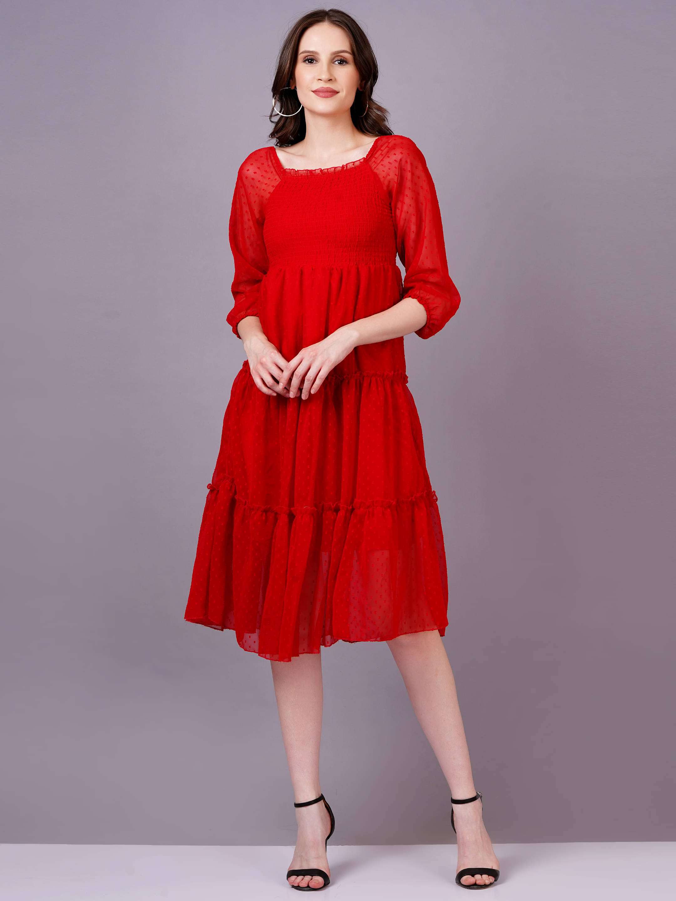 JC4U Georgette Self Design Knee Length Women's Fit & Flare Dress - Red ( Pack of 1 ) JC4U Georgette Self Design Knee Length Women's Fit & Flare Dress - Red ( Pack of 1 )