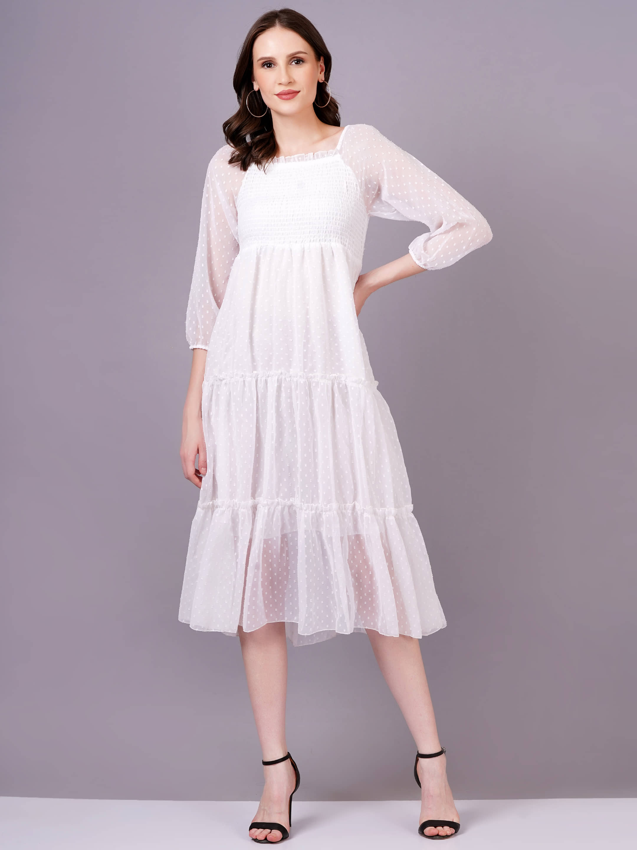 JC4U Women Georgette Printed Fit & Flare Dress ( White )