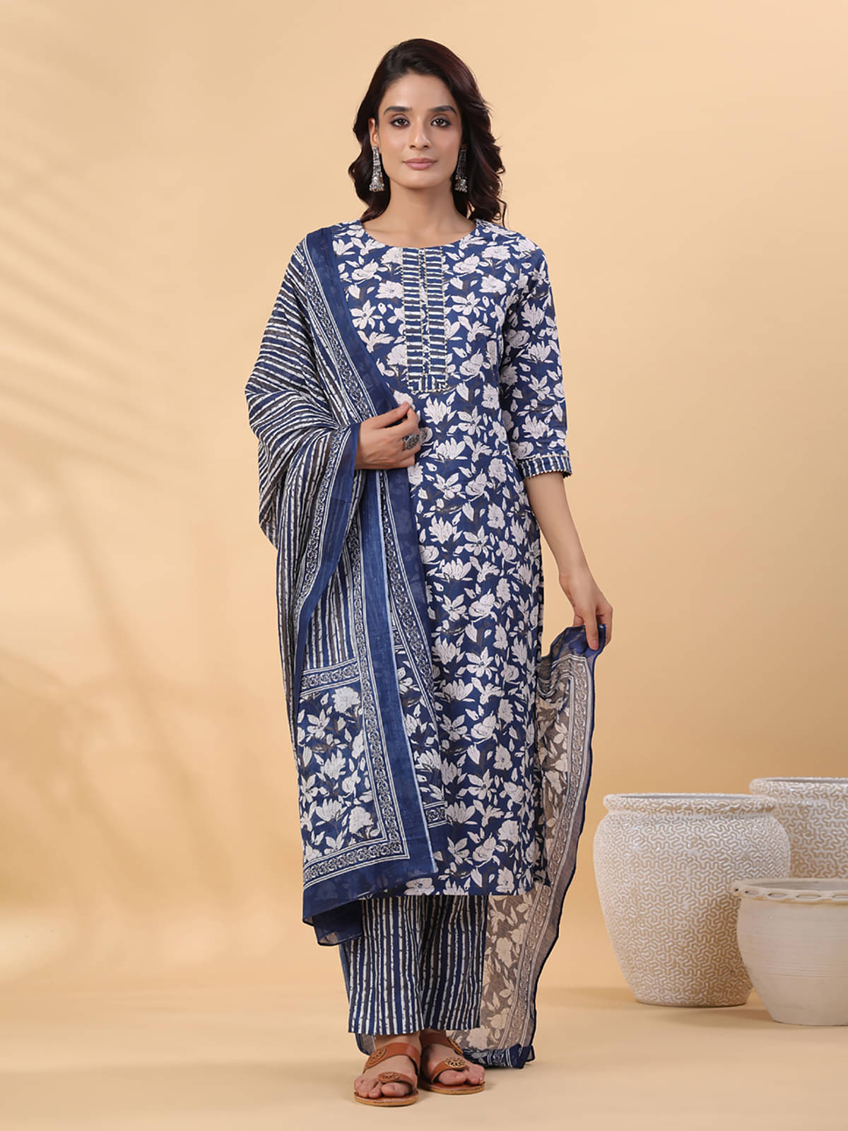     			Janasya Cotton Printed Kurti With Pants Women's Stitched Salwar Suit - Blue ( Pack of 1 )