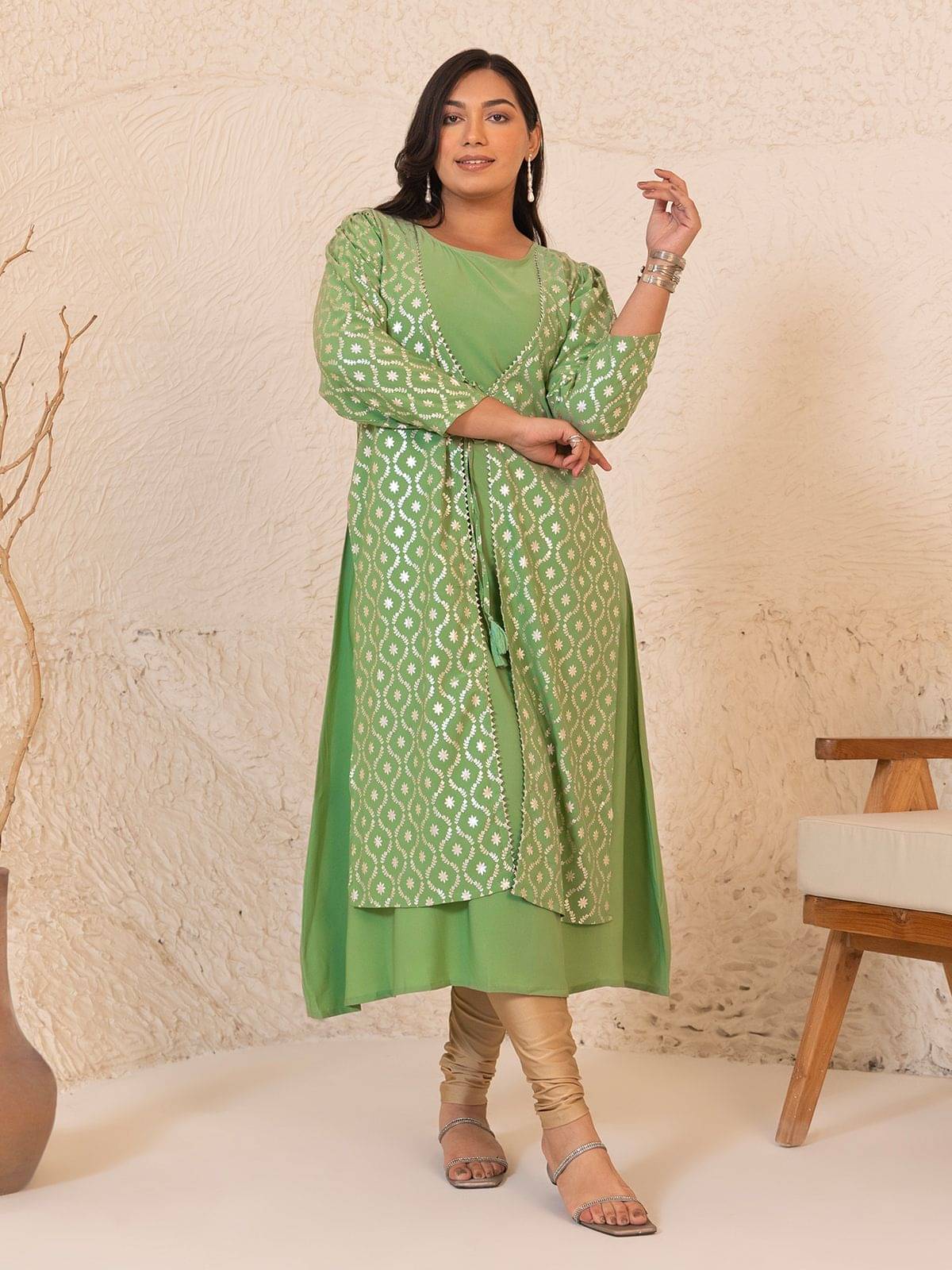     			Janasya Crepe Printed Flared Women's Kurti - Green ( Pack of 1 )