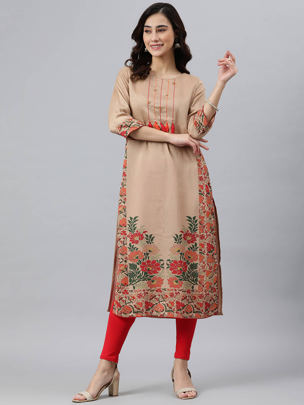 Janasya Silk Blend Printed Straight Women's Kurti - Beige ( Pack of 1 ) - Kurtis, Tunics | Buy online on ZillyBuy