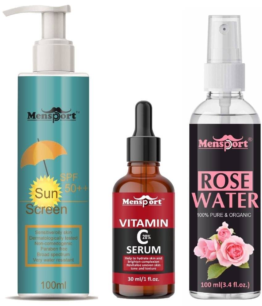 Mensport Broad Spectrum SPF 50++ Sunscreen 100ML, Vitamin C20% Facial Serum 30ML & Natural Rose Water 100ml - Combo of 3 Items Mensport Broad Spectrum SPF 50++ Sunscreen 100ML, Vitamin C20% Facial Serum 30ML & Natural Rose Water 100ml - Combo of 3 Items