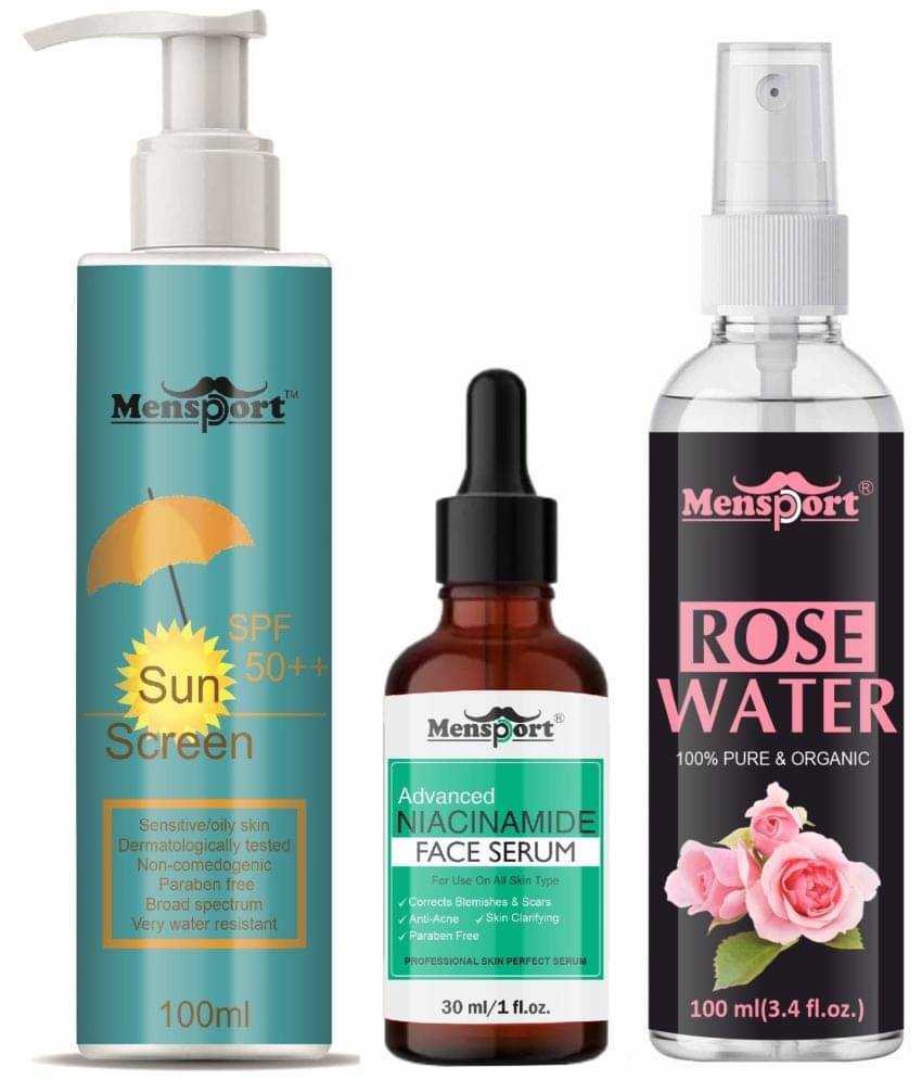 Mensport Broad Spectrum SPF 50++ Sunscreen 100ML, Niacinamide Anti Acne Face Serum 30ML & Natural Rose Water 100ml - Combo of 3 Items Mensport Broad Spectrum SPF 50++ Sunscreen 100ML, Niacinamide Anti Acne Face Serum 30ML & Natural Rose Water 100ml - Combo of 3 Items