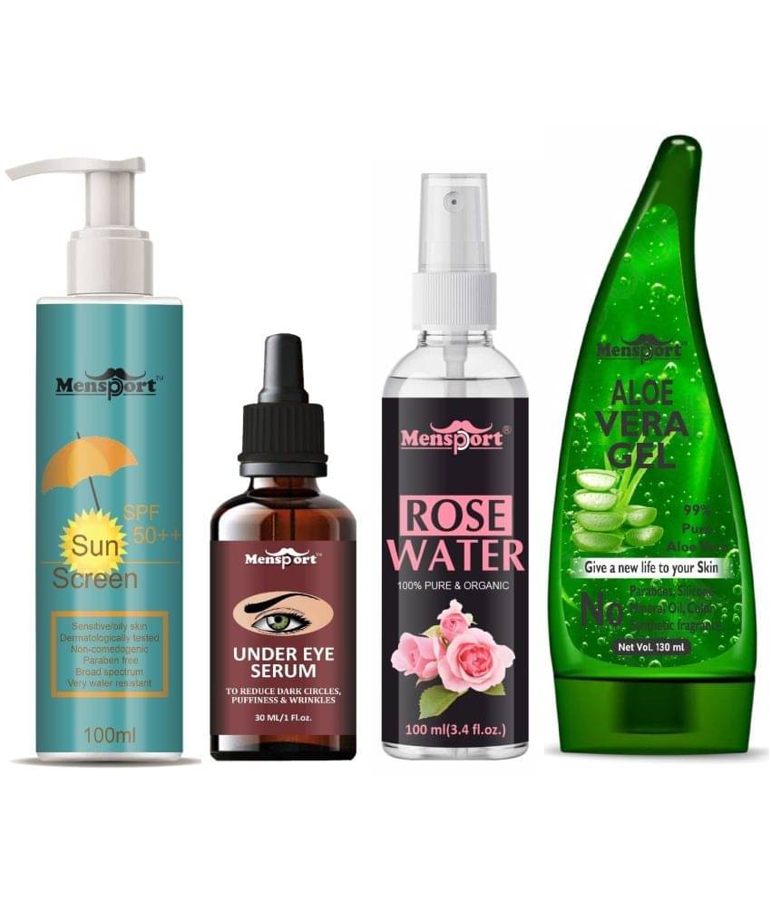 Mensport Broad Spectrum SPF 50++ Sunscreen 100ML, Under Eye Serum for Dark Circle 30ML, Natural Rose Water 100ml & Multipurpose Aloe Vera Gel 130ml - Combo of 4 Items     			Mensport Broad Spectrum SPF 50++ Sunscreen 100ML, Under Eye Serum for Dark Circle 30ML, Natural Rose Water 100ml & Multipurpose Aloe Vera Gel 130ml - Combo of 4 Items