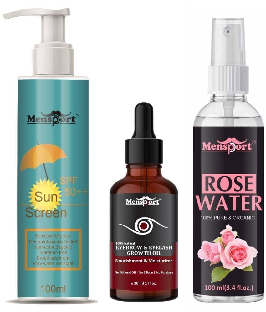 Mensport Broad Spectrum SPF 50++ Sunscreen 100ML, Eyebrow and Eyelash Growth Oil 30ML & Natural Rose Water 100ml - Combo of 3 Items Mensport Broad Spectrum SPF 50++ Sunscreen 100ML, Eyebrow and Eyelash Growth Oil 30ML & Natural Rose Water 100ml - Combo of 3 Items