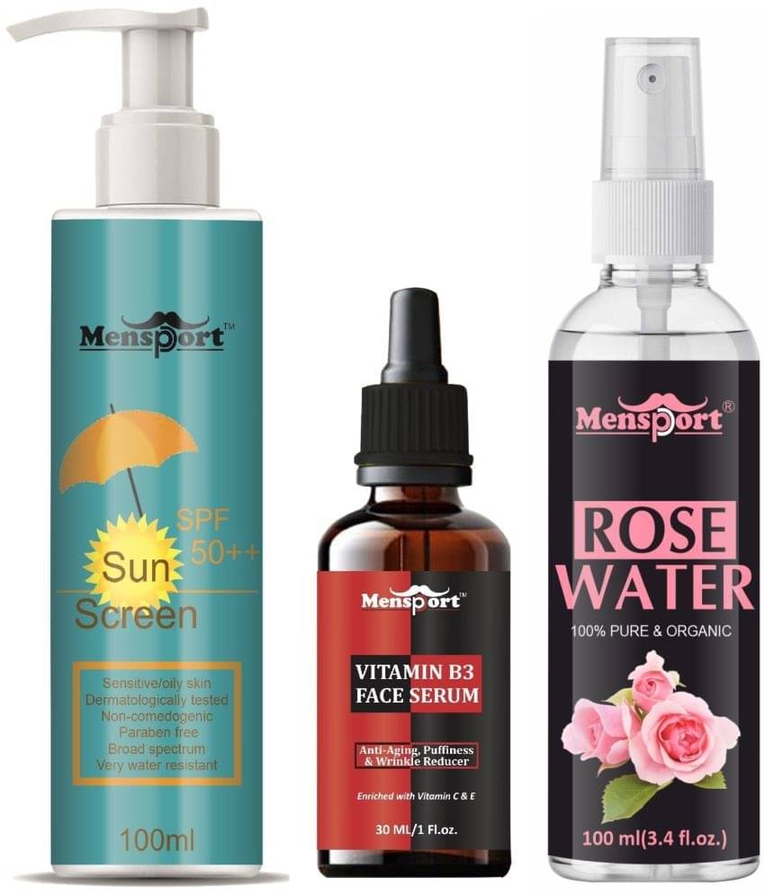 Mensport Broad Spectrum SPF 50++ Sunscreen 100ML, Vitamin B3 Anti Ageing Face Serum 30ML & Natural Rose Water 100ml - Combo of 3 Items Mensport Broad Spectrum SPF 50++ Sunscreen 100ML, Vitamin B3 Anti Ageing Face Serum 30ML & Natural Rose Water 100ml - Combo of 3 Items