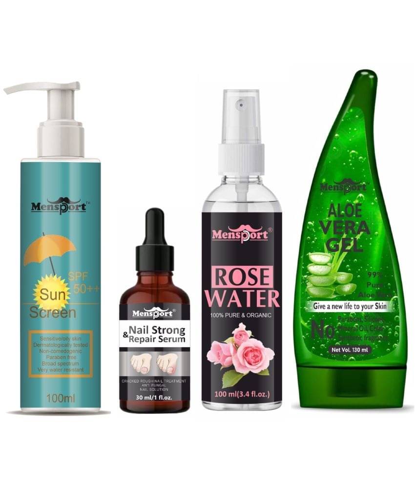 Mensport Broad Spectrum SPF 50++ Sunscreen 100ML, Nail Strong and Repair Serum 30ML, Natural Rose Water 100ml & Multipurpose Aloe Vera Gel 130ml - Combo of 4 Items Mensport Broad Spectrum SPF 50++ Sunscreen 100ML, Nail Strong and Repair Serum 30ML, Natural Rose Water 100ml & Multipurpose Aloe Vera Gel 130ml - Combo of 4 Items