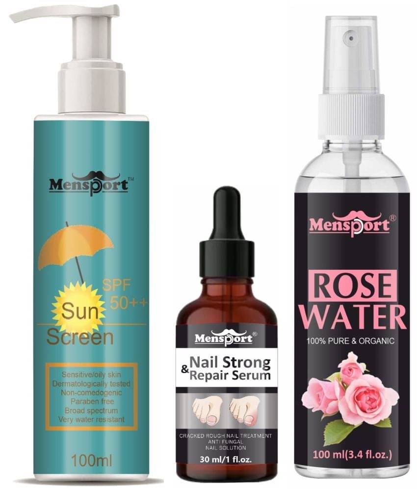 Mensport Broad Spectrum SPF 50++ Sunscreen 100ML, Nail Strong and Repair Serum 30ML & Natural Rose Water 100ml - Combo of 3 Items Mensport Broad Spectrum SPF 50++ Sunscreen 100ML, Nail Strong and Repair Serum 30ML & Natural Rose Water 100ml - Combo of 3 Items