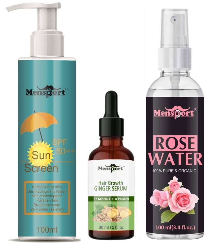Mensport Broad Spectrum SPF 50++ Sunscreen 100ML, Hair Growth Ginger Serum 30ML & Natural Rose Water 100ml - Combo of 3 Items Mensport Broad Spectrum SPF 50++ Sunscreen 100ML, Hair Growth Ginger Serum 30ML & Natural Rose Water 100ml - Combo of 3 Items